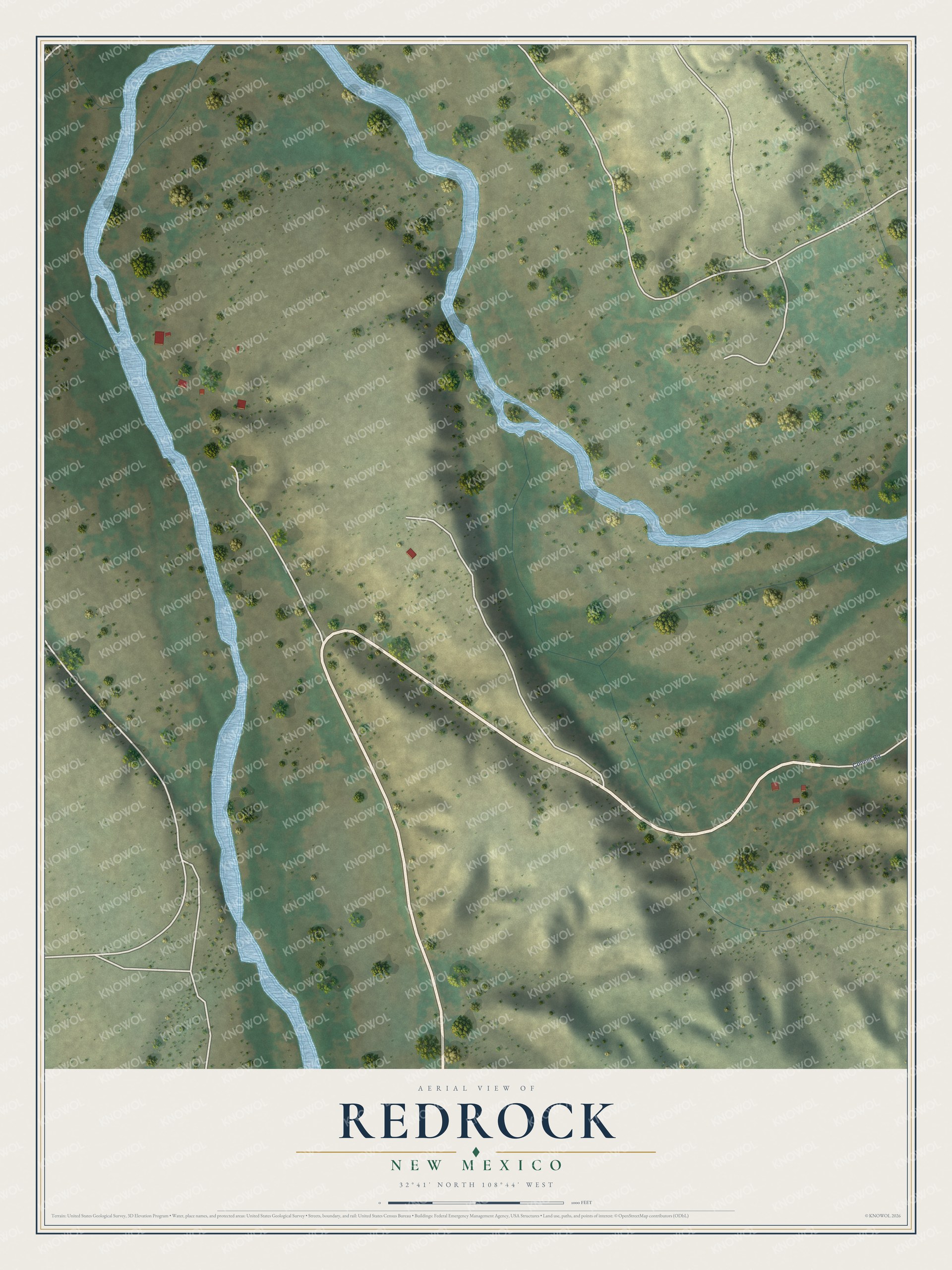 Full map of Redrock, New Mexico, with red buildings, printed street names and the land around them