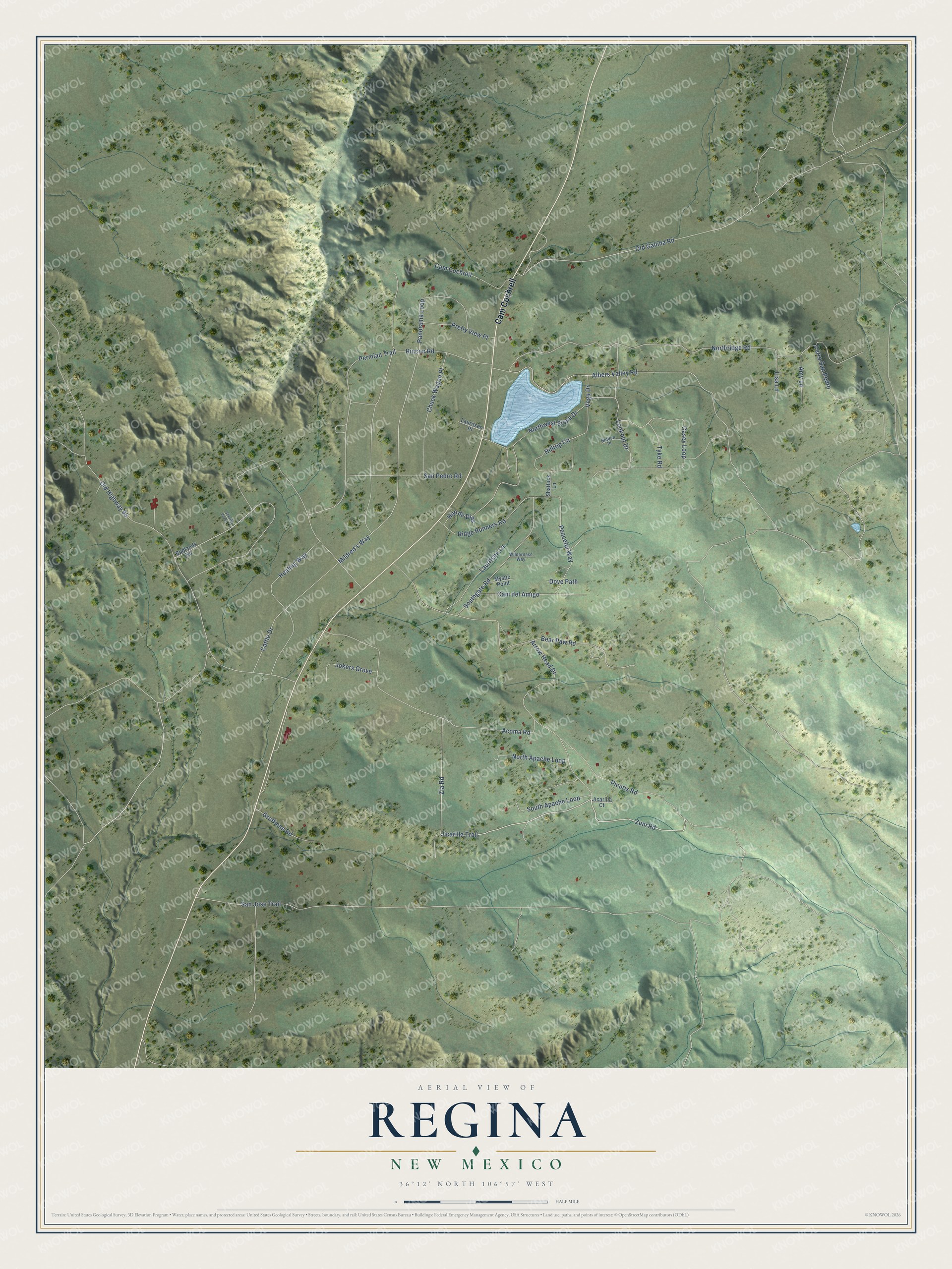 Full map of Regina, New Mexico, with red buildings, printed street names and the land around them