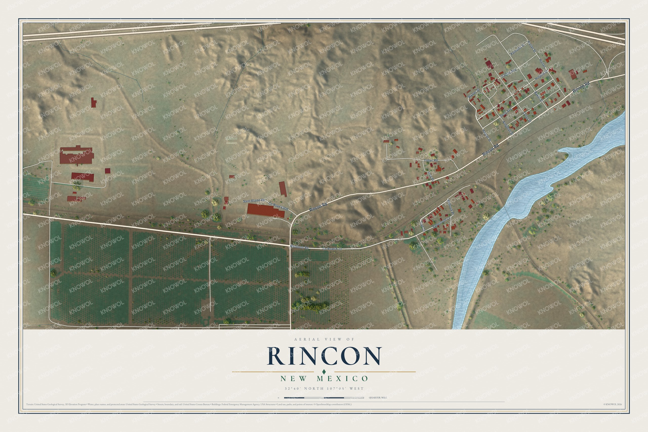 Full map of Rincon, New Mexico, with red buildings, printed street names and the land around them