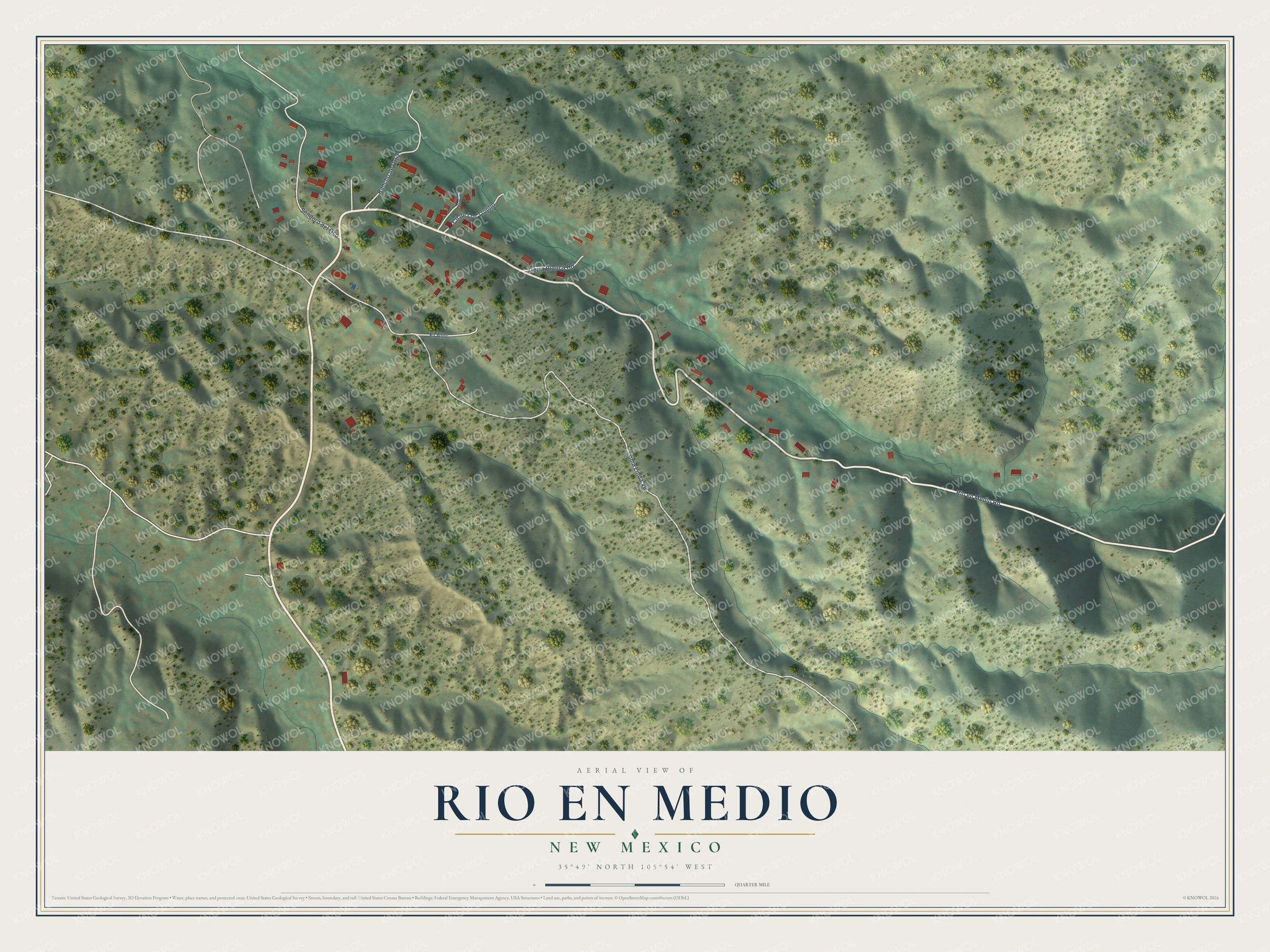Full map of Rio en Medio, New Mexico, with red buildings, printed street names and the land around them