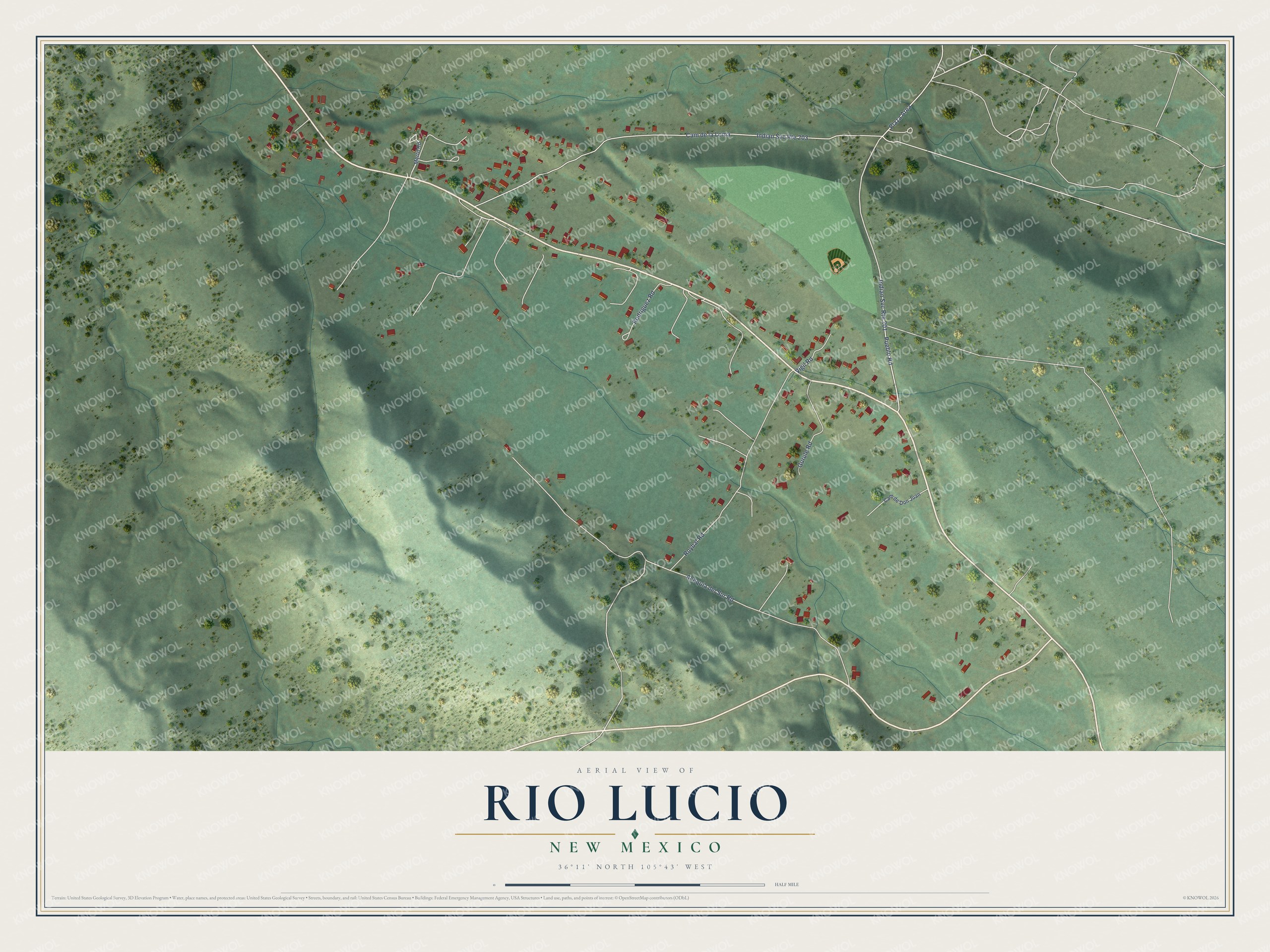 Full map of Rio Lucio, New Mexico, with red buildings, printed street names and the land around them