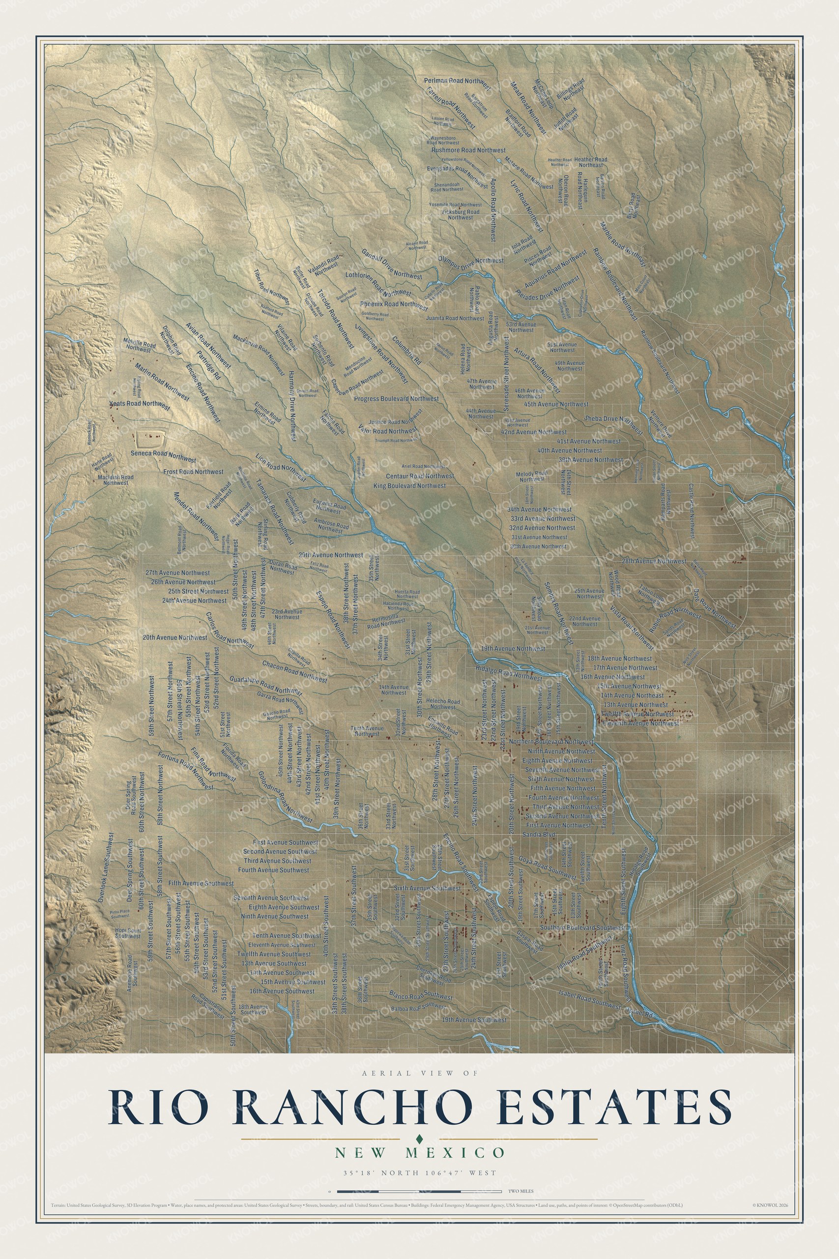 Full map of Rio Rancho Estates, New Mexico, with red buildings, printed street names and the land around them