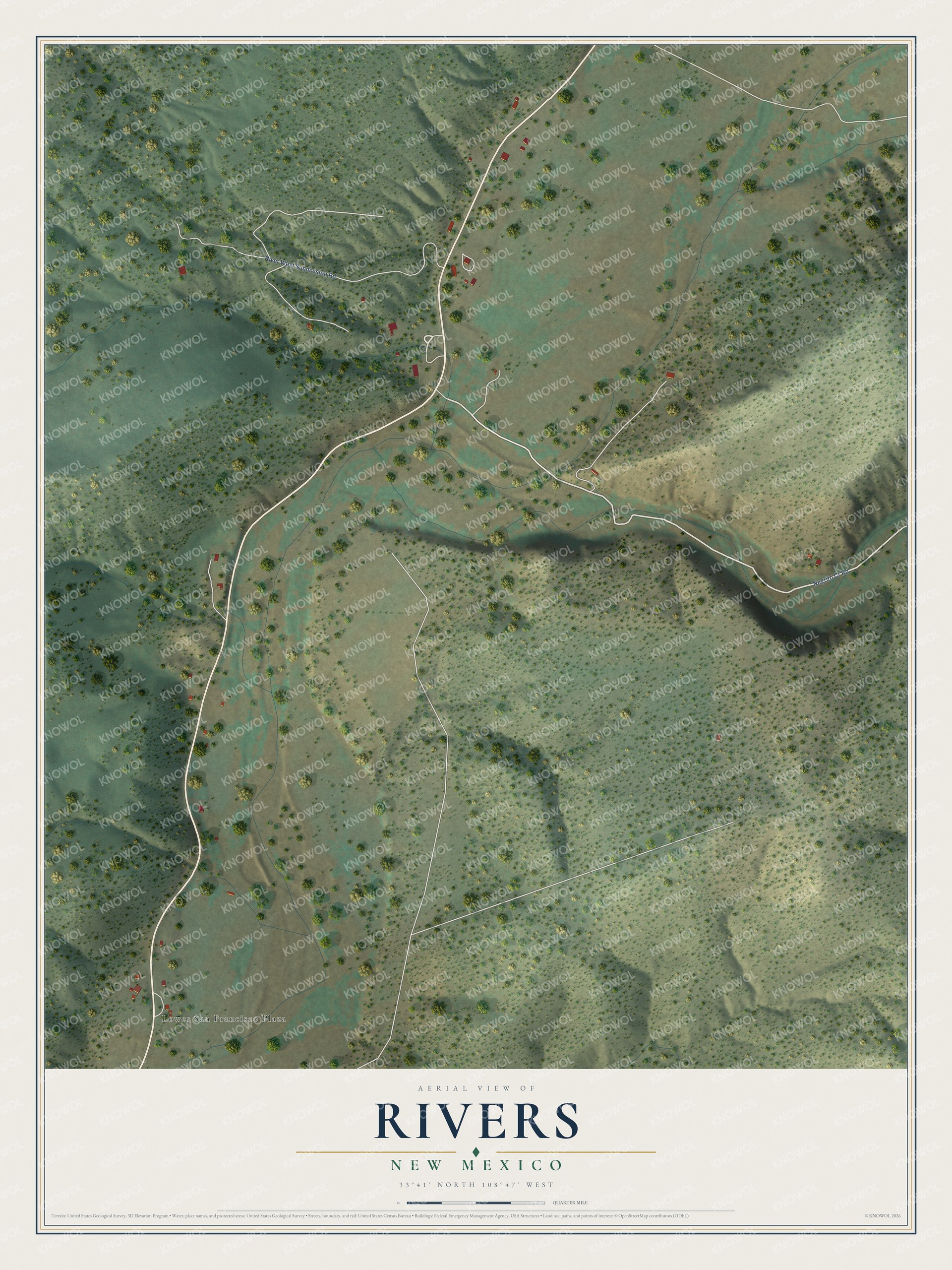 Full map of Rivers, New Mexico, with red buildings, printed street names and the land around them
