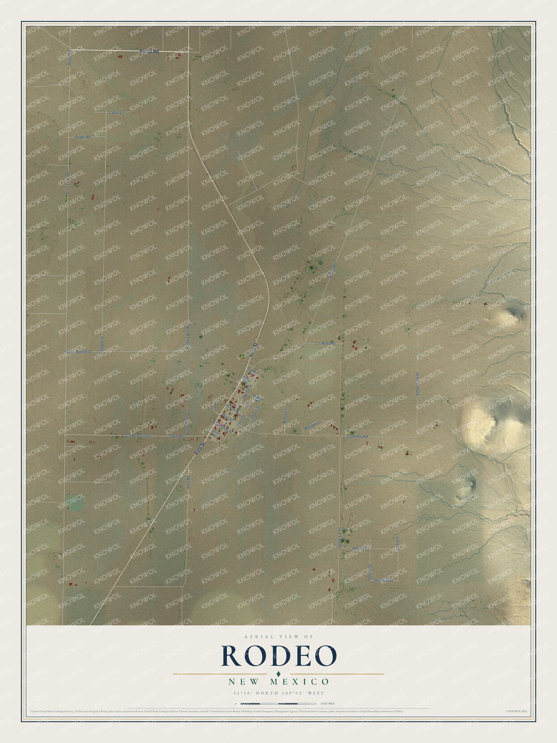 Full map of Rodeo, New Mexico, with red buildings, printed street names and the land around them
