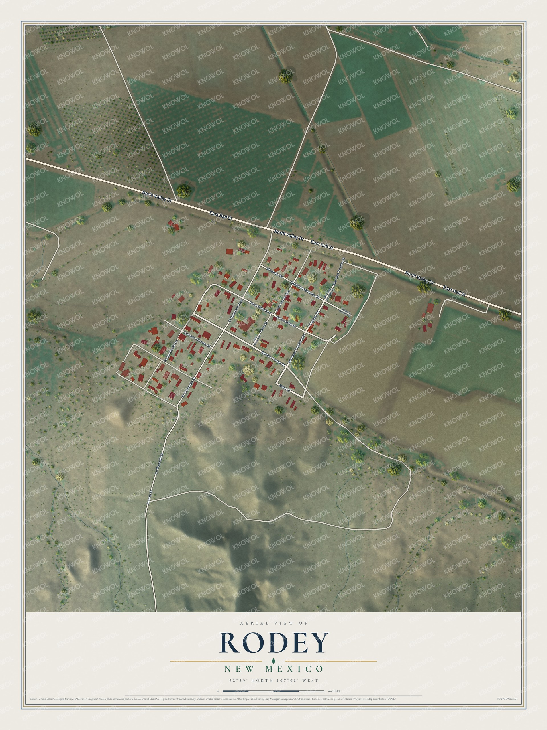 Full map of Rodey, New Mexico, with red buildings, printed street names and the land around them