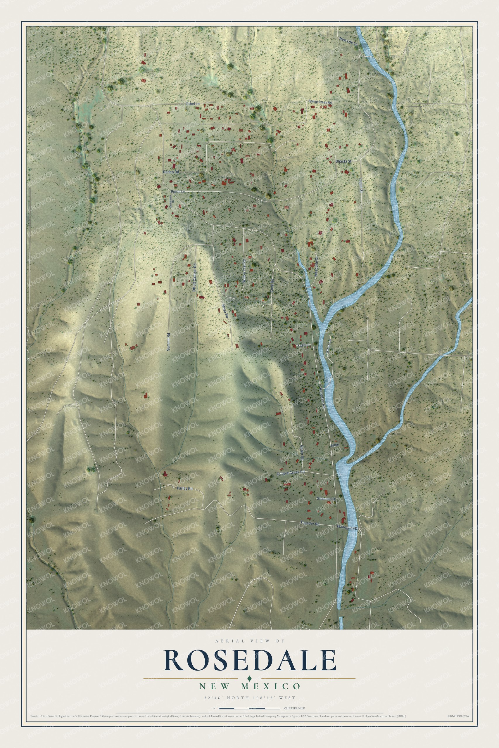 Full map of Rosedale, New Mexico, with red buildings, printed street names and the land around them