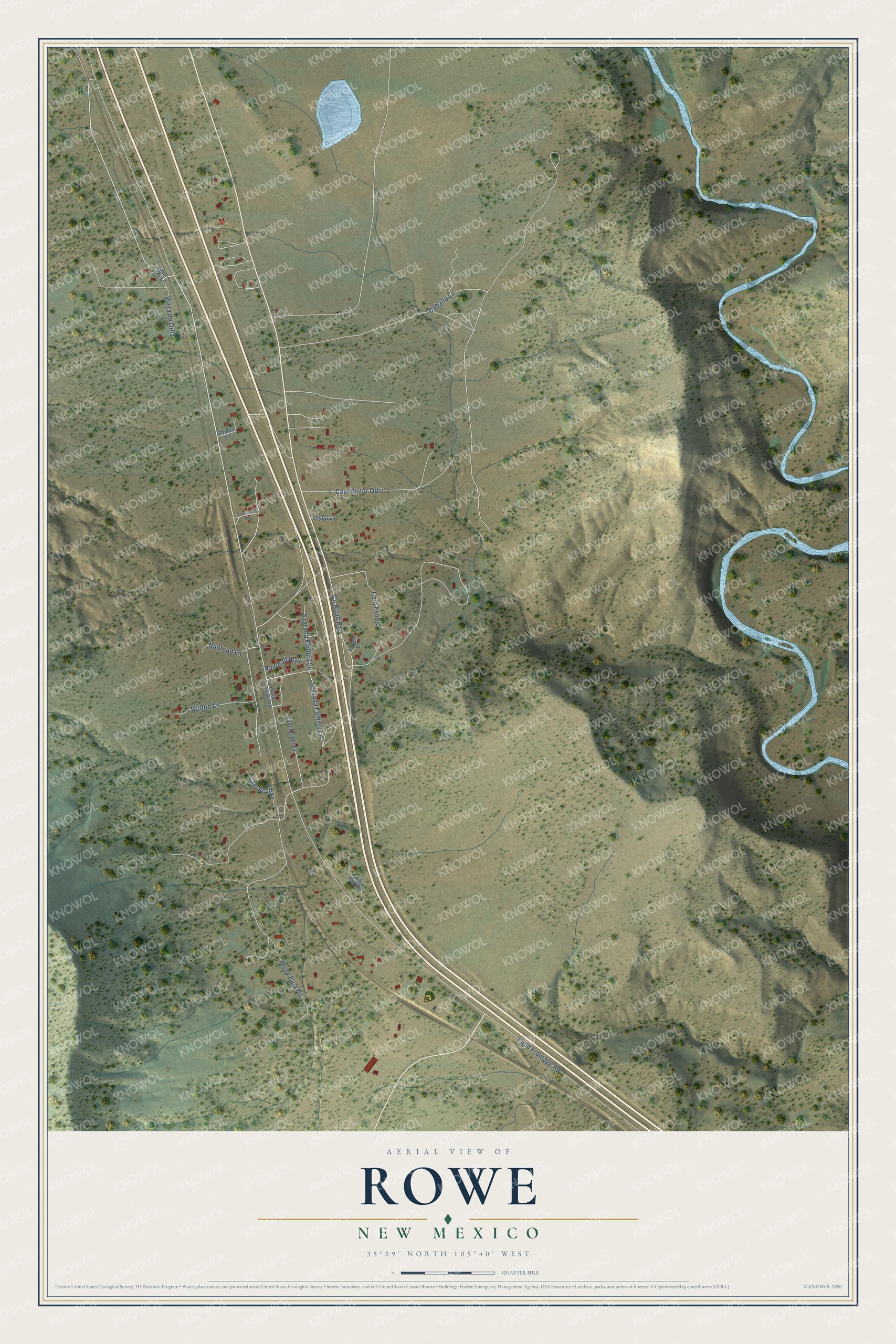Full map of Rowe, New Mexico, with red buildings, printed street names and the land around them