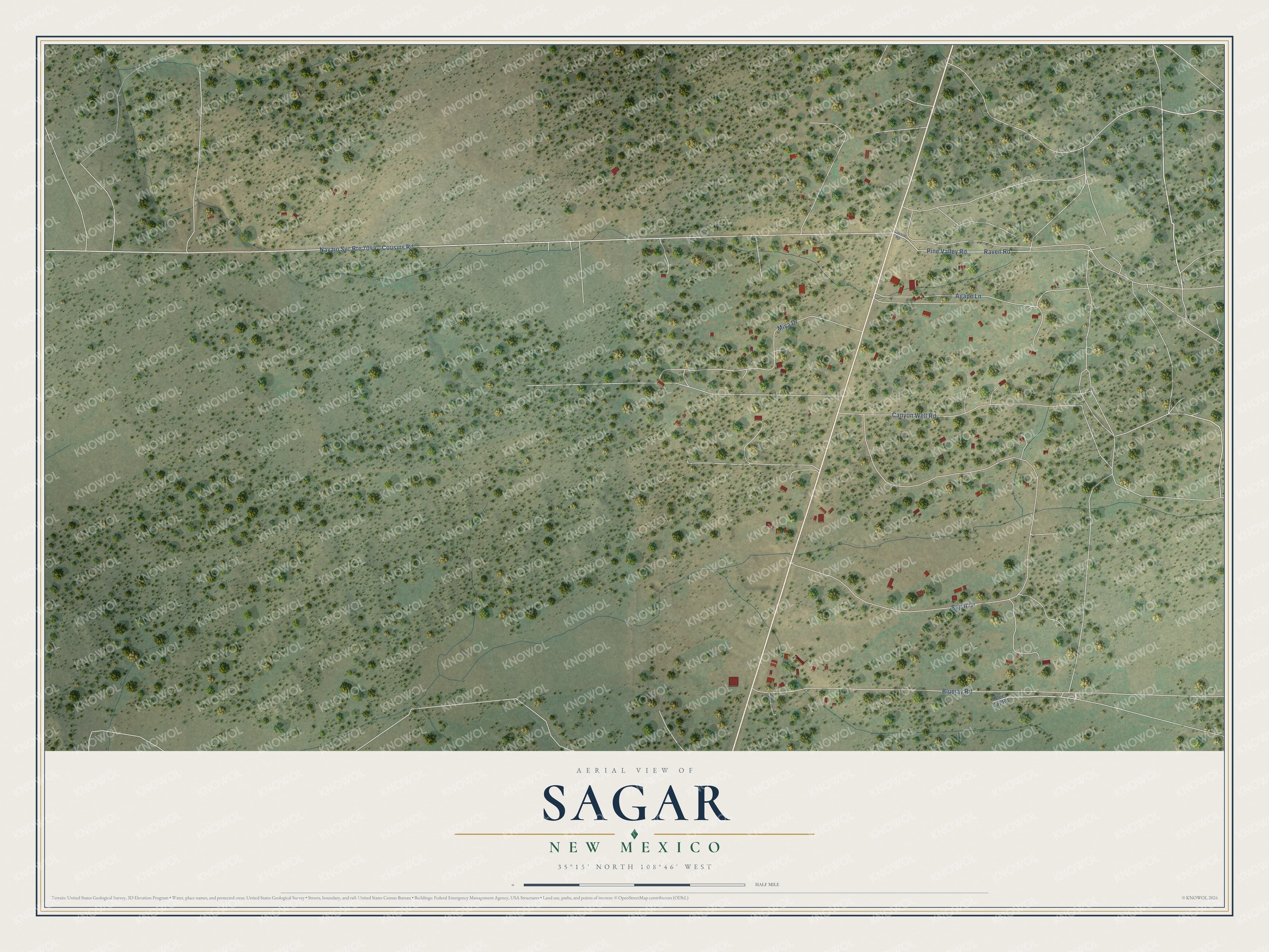 Full map of Sagar, New Mexico, with red buildings, printed street names and the land around them