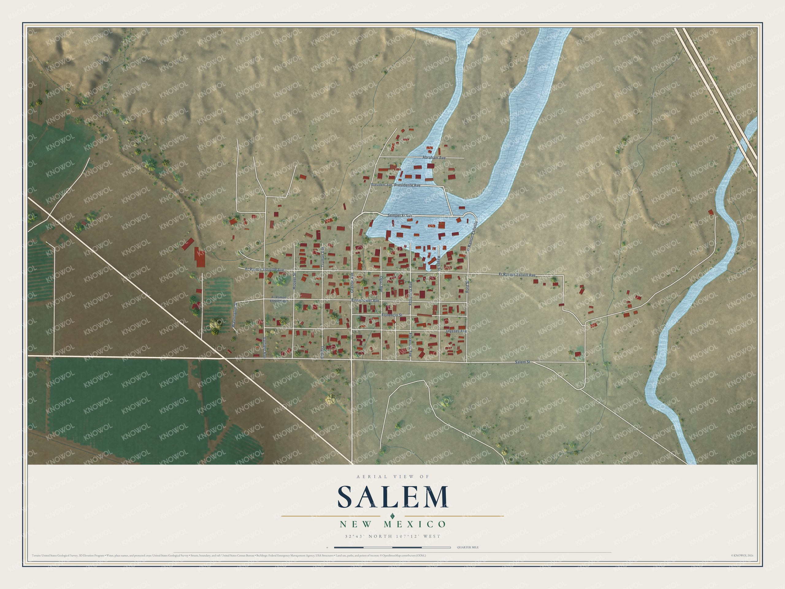 Full map of Salem, New Mexico, with red buildings, printed street names and the land around them