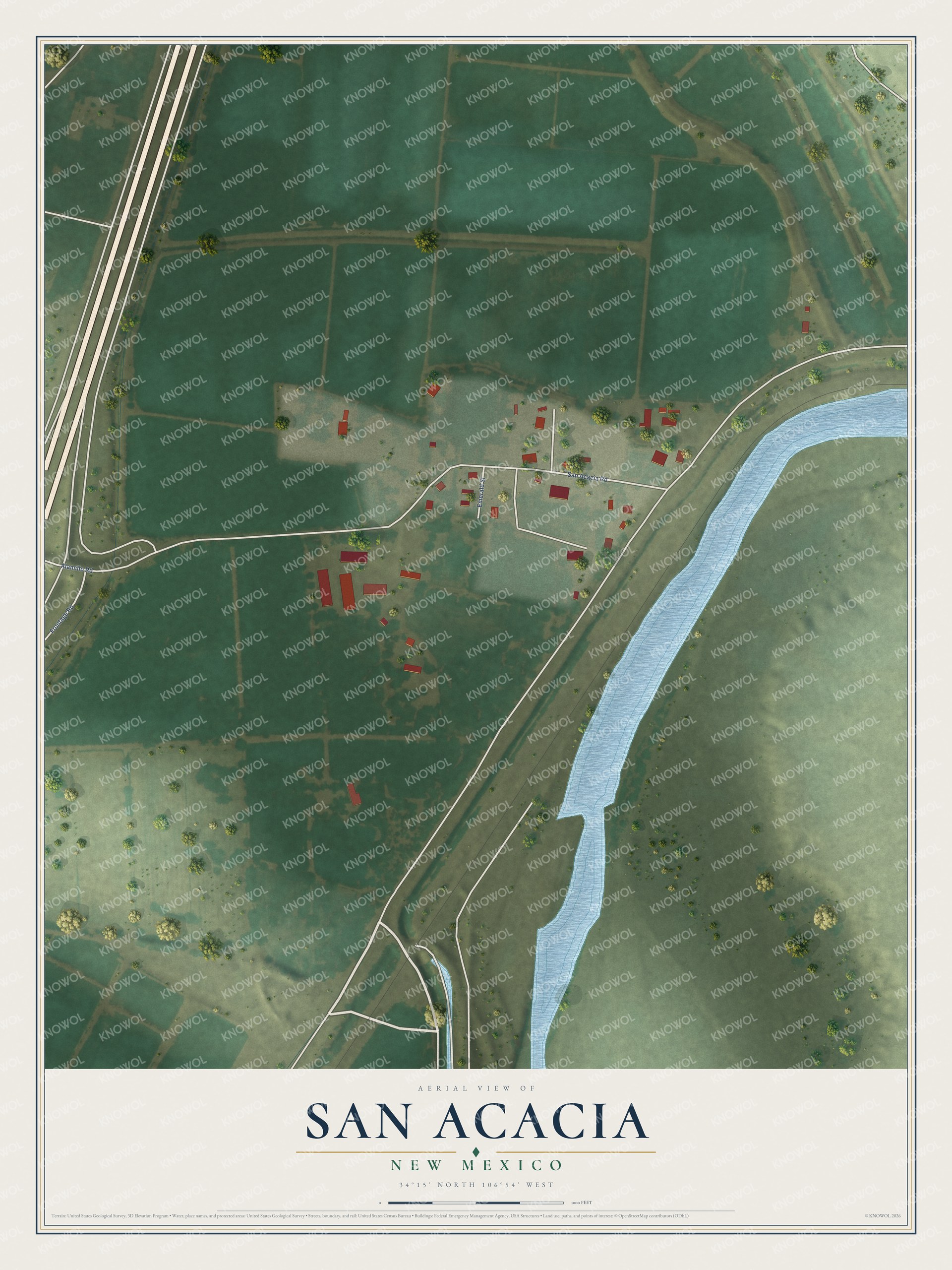 Full map of San Acacia, New Mexico, with red buildings, printed street names and the land around them