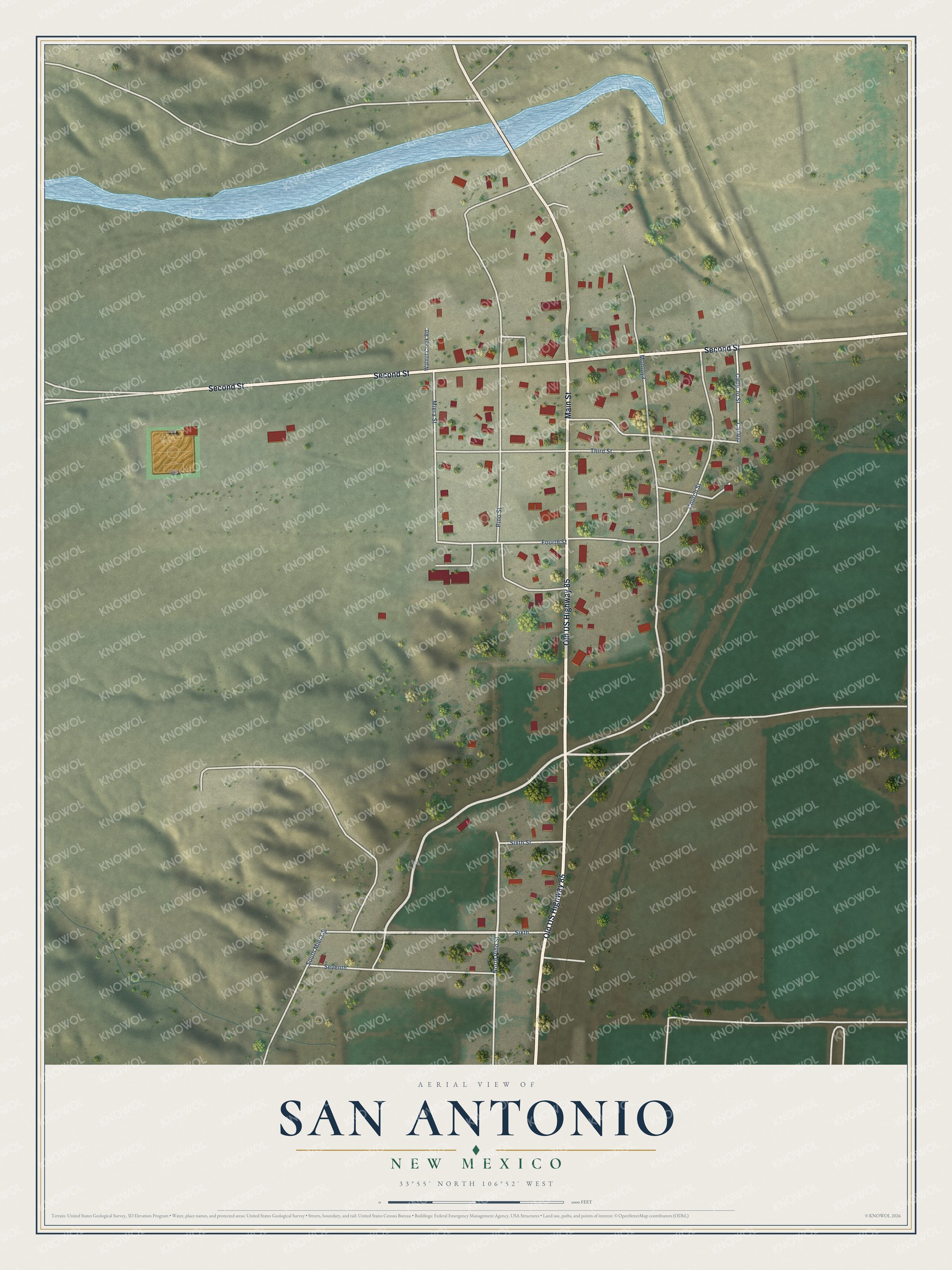 Full map of San Antonio, New Mexico, with red buildings, printed street names and the land around them