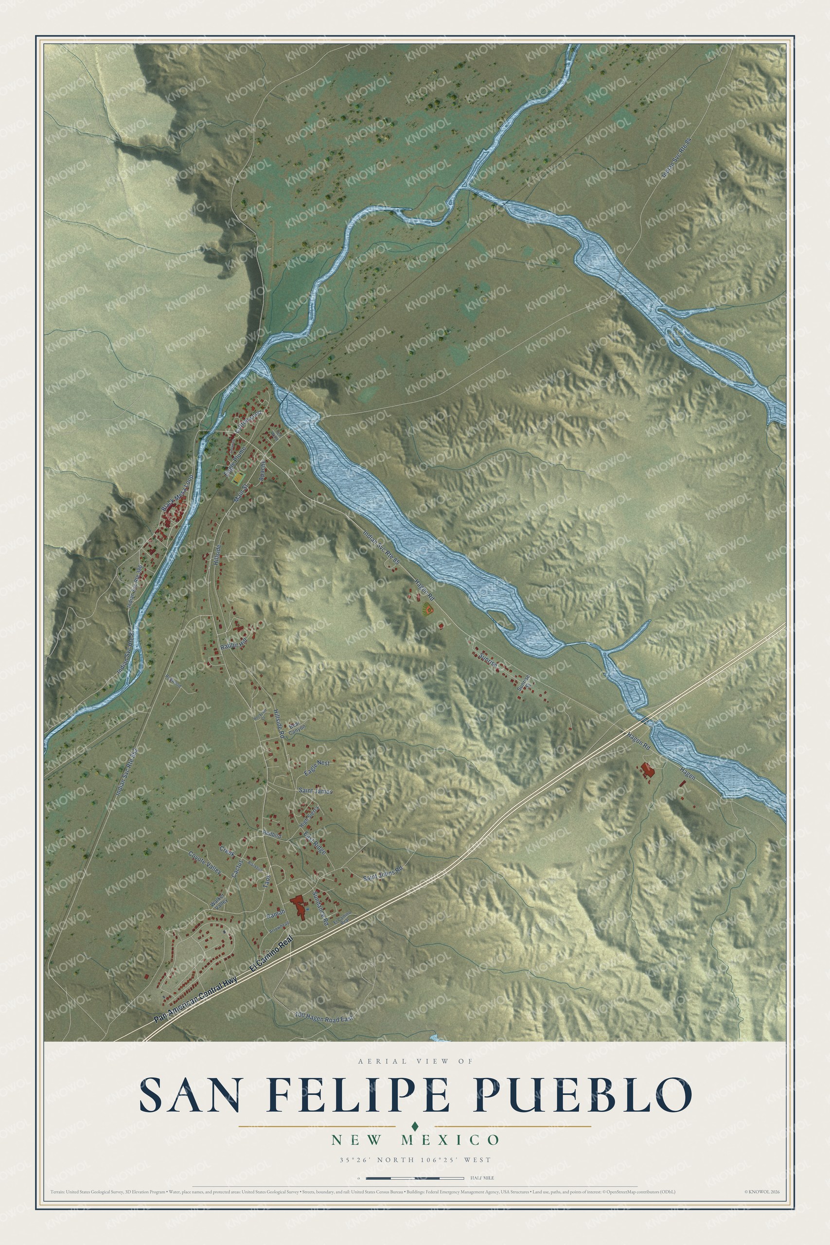 Full map of San Felipe Pueblo, New Mexico, with red buildings, printed street names and the land around them
