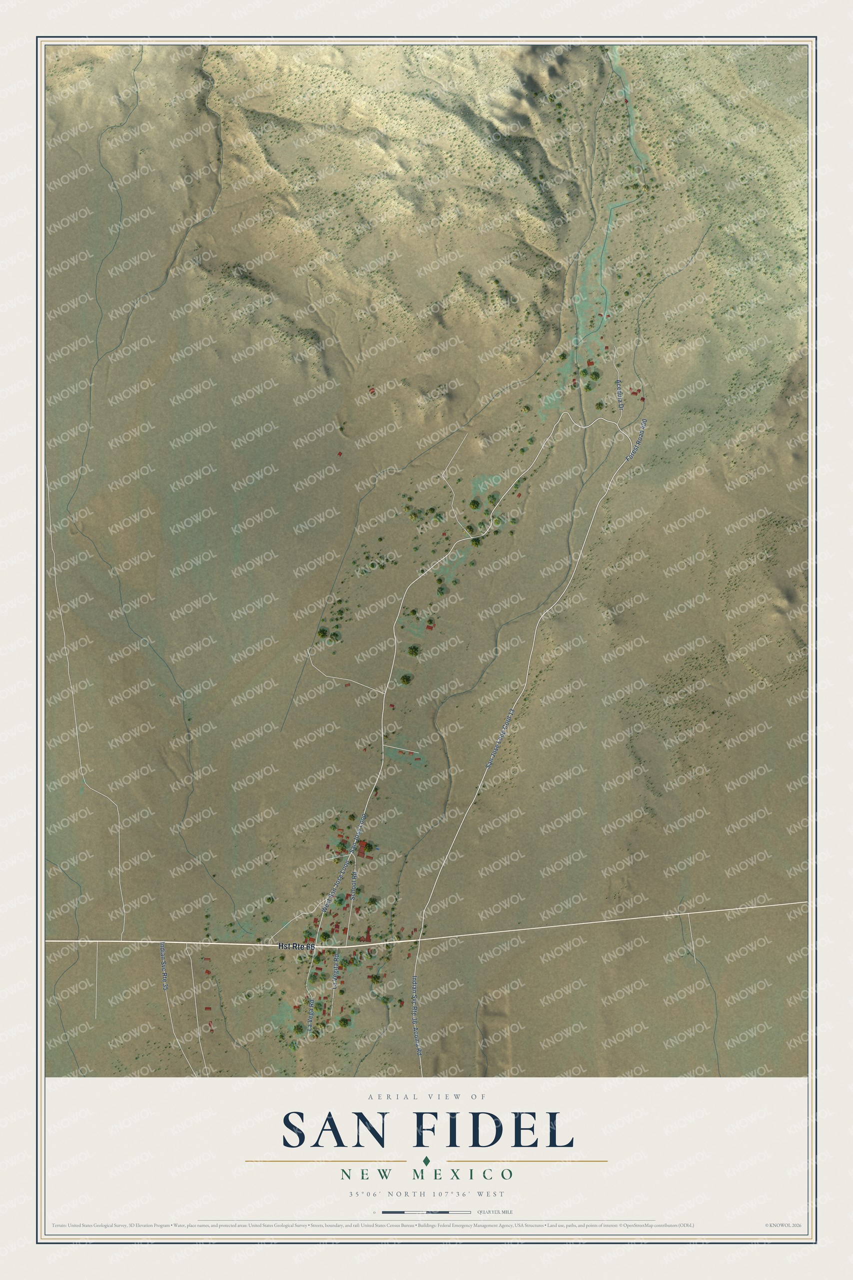 Full map of San Fidel, New Mexico, with red buildings, printed street names and the land around them