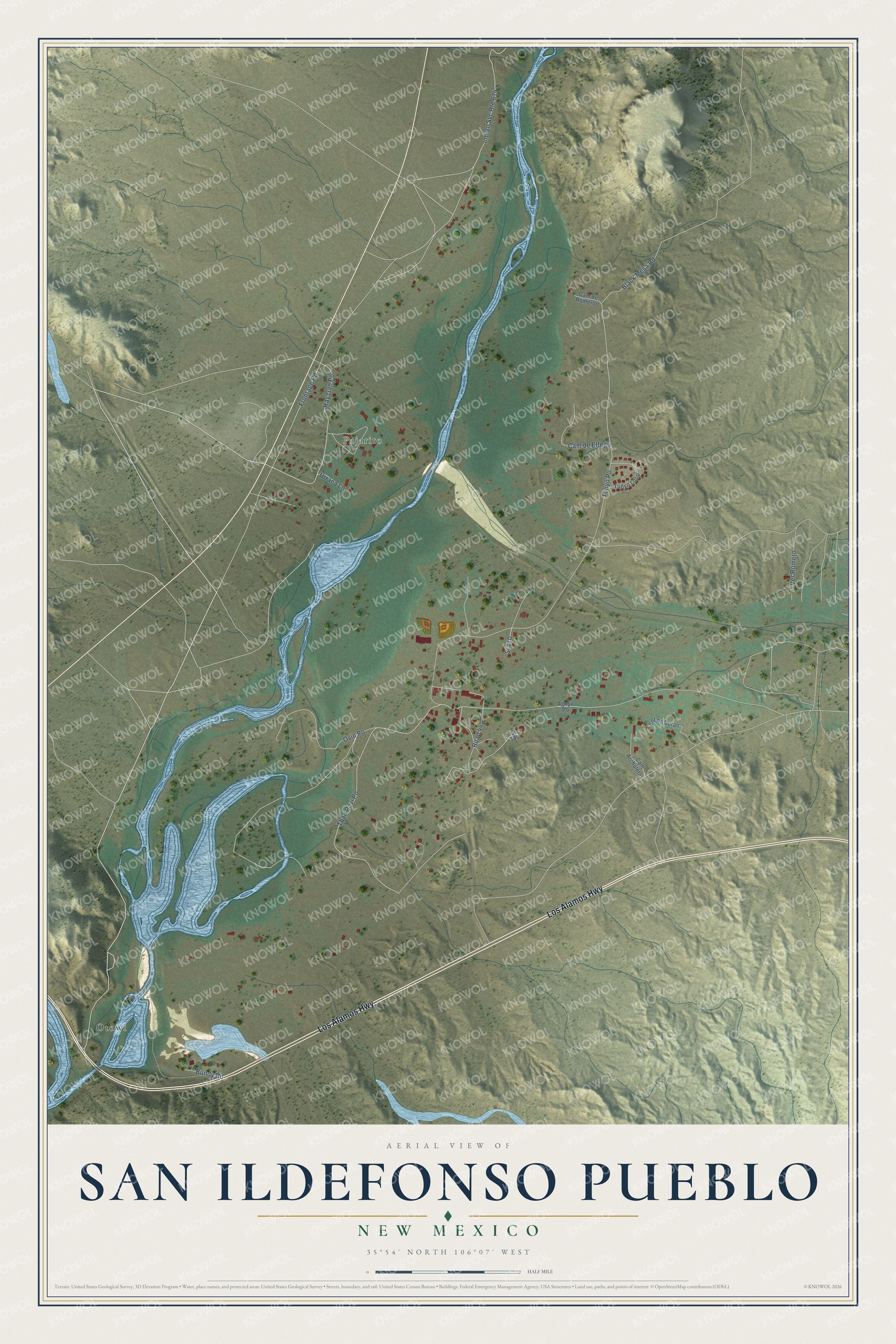 Full map of San Ildefonso Pueblo, New Mexico, with red buildings, printed street names and the land around them