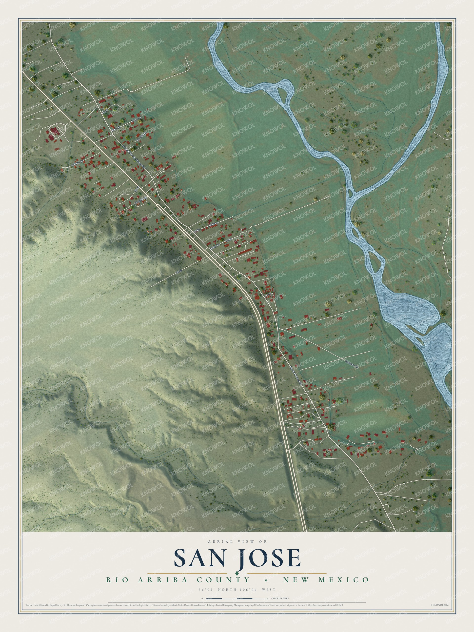 Full map of San Jose, New Mexico, with red buildings, printed street names and the land around them