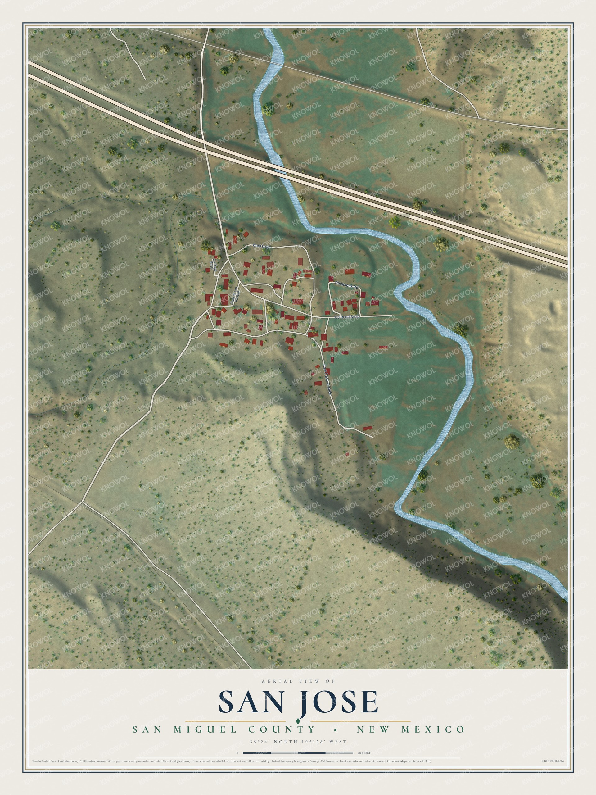 Full map of San Jose, New Mexico, with red buildings, printed street names and the land around them