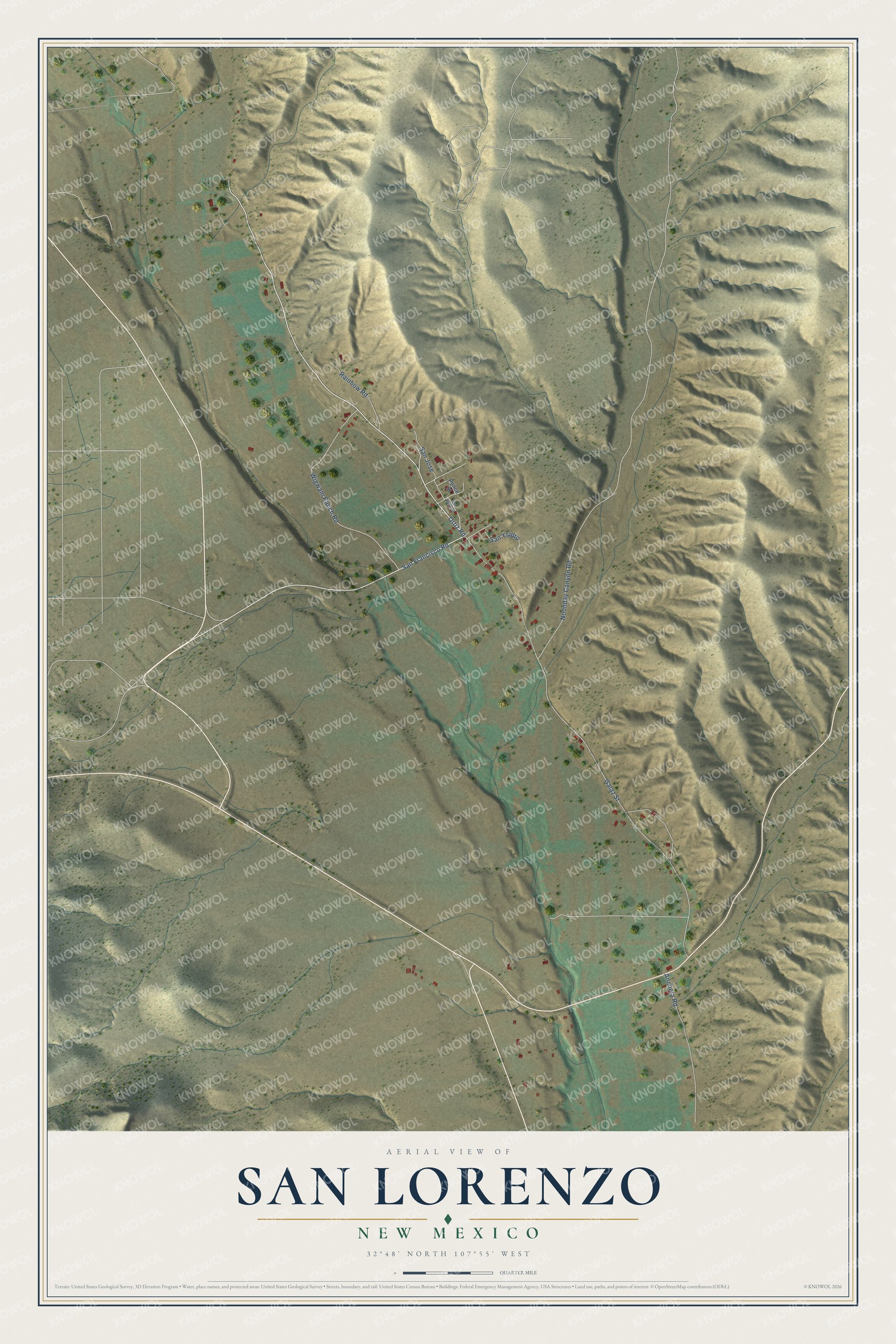 Full map of San Lorenzo, New Mexico, with red buildings, printed street names and the land around them