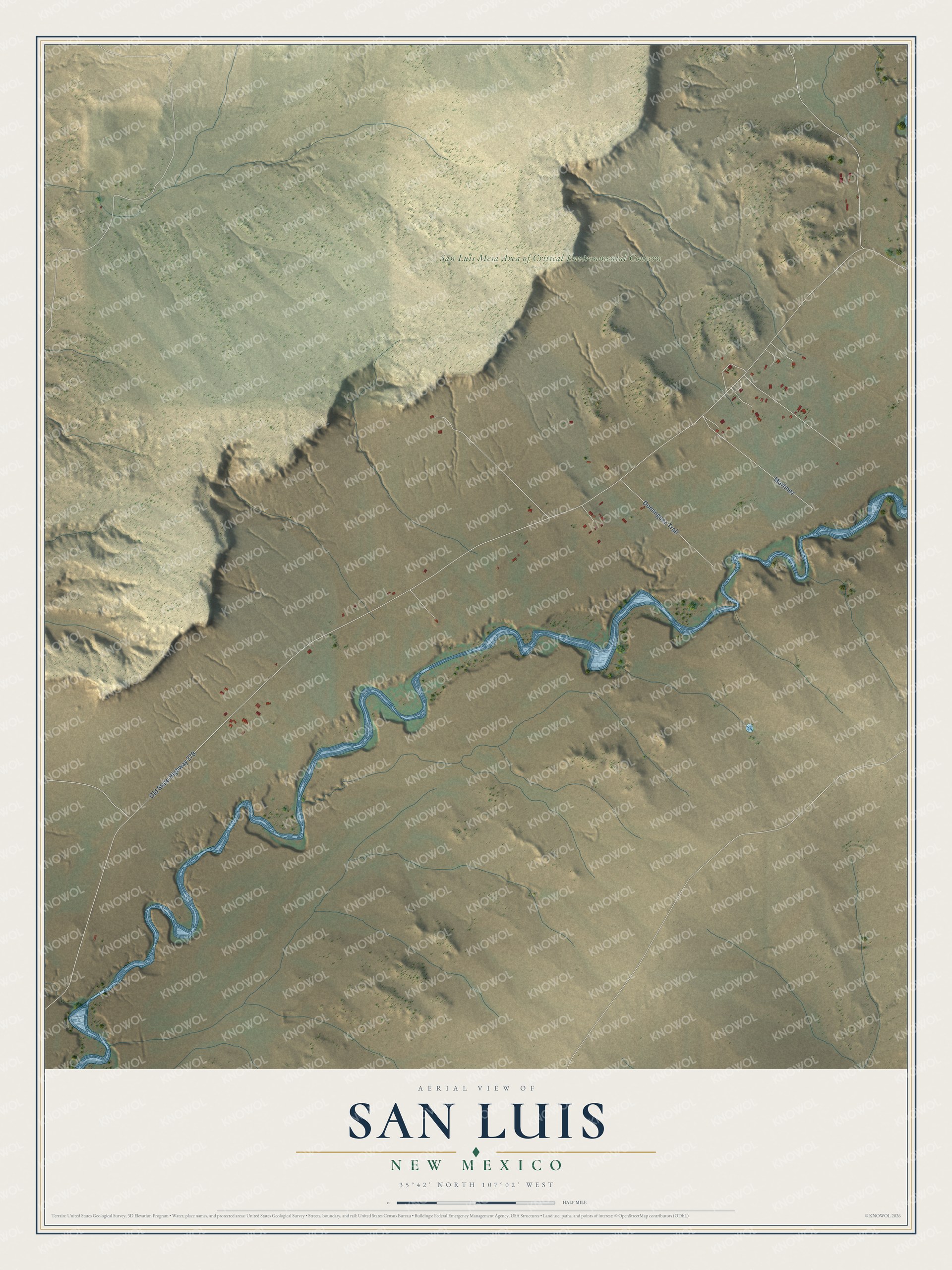 Full map of San Luis, New Mexico, with red buildings, printed street names and the land around them