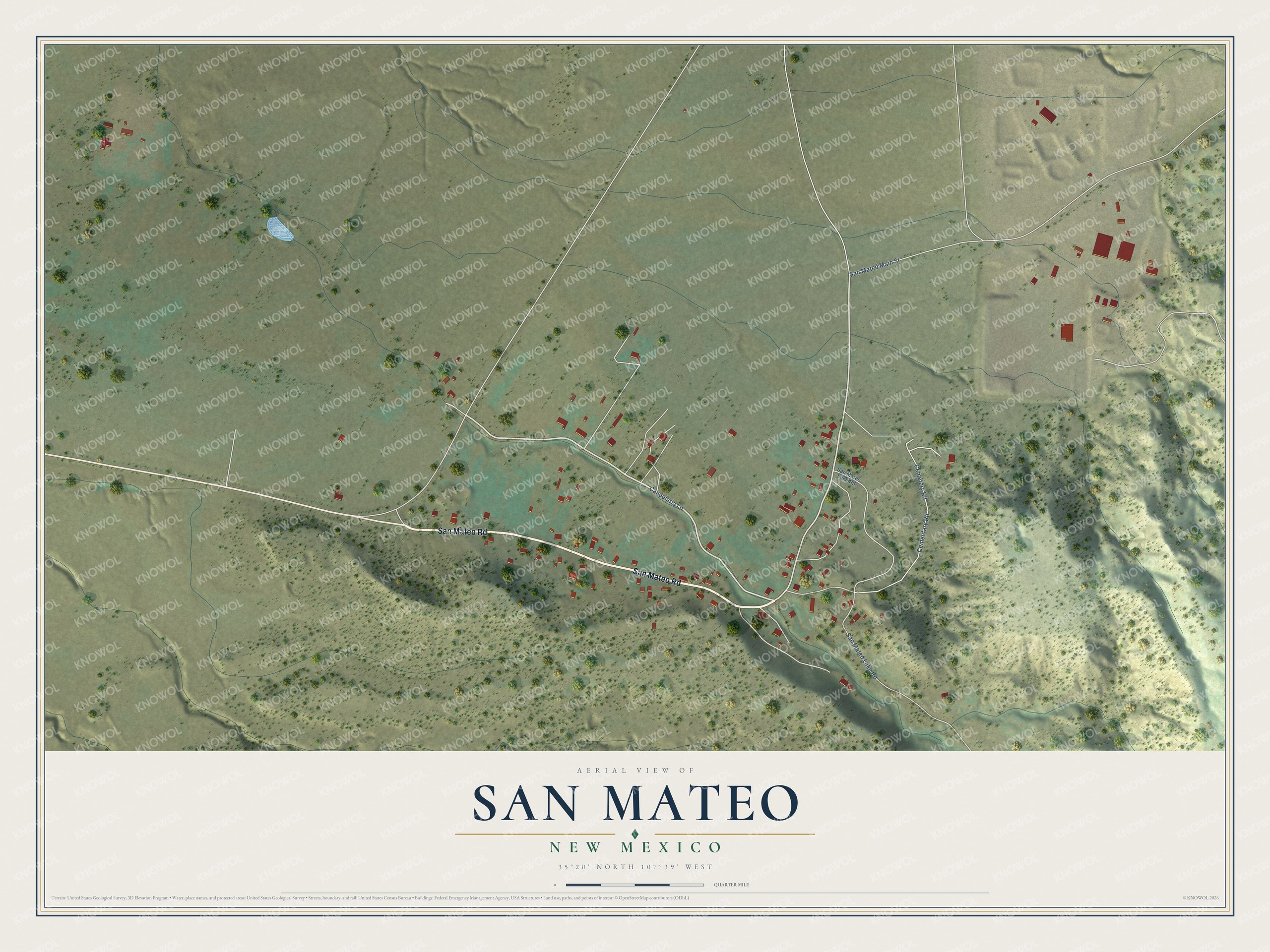 Full map of San Mateo, New Mexico, with red buildings, printed street names and the land around them