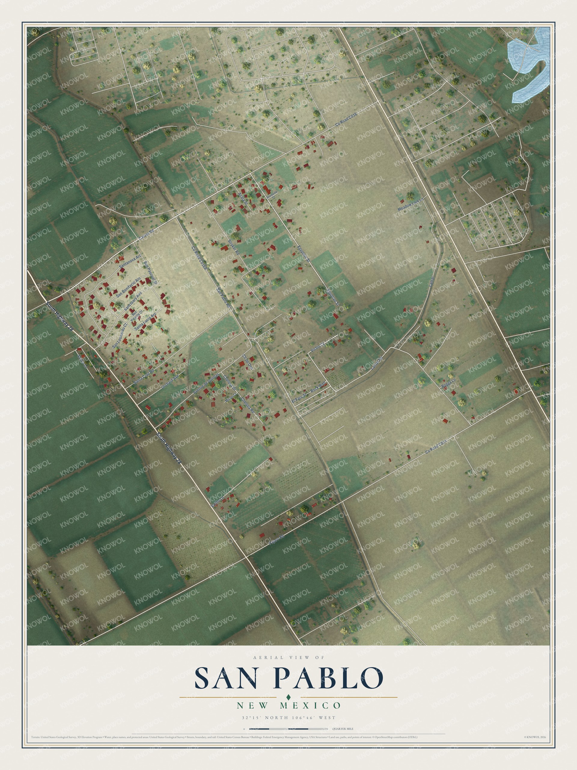 Full map of San Pablo, New Mexico, with red buildings, printed street names and the land around them