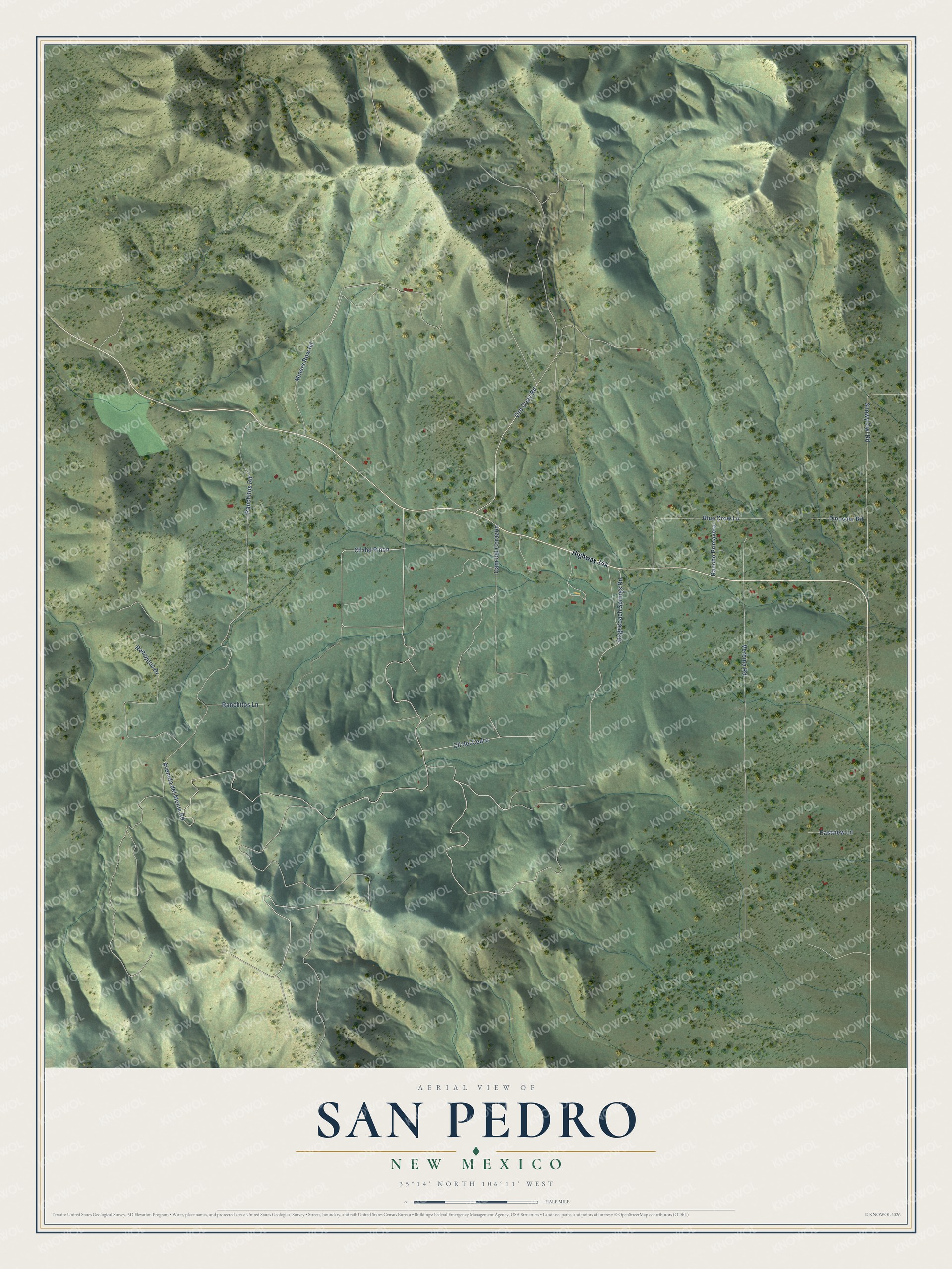 Full map of San Pedro, New Mexico, with red buildings, printed street names and the land around them