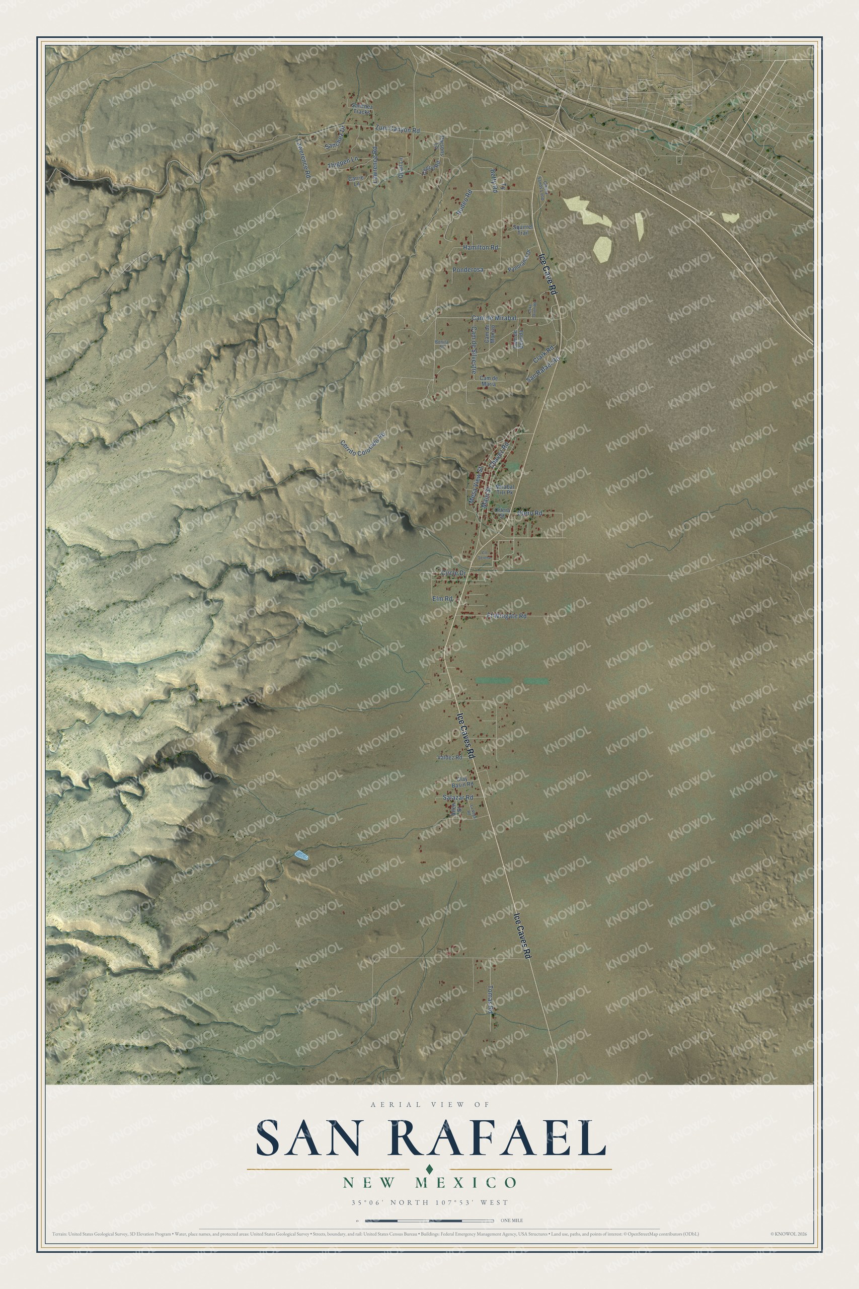 Full map of San Rafael, New Mexico, with red buildings, printed street names and the land around them