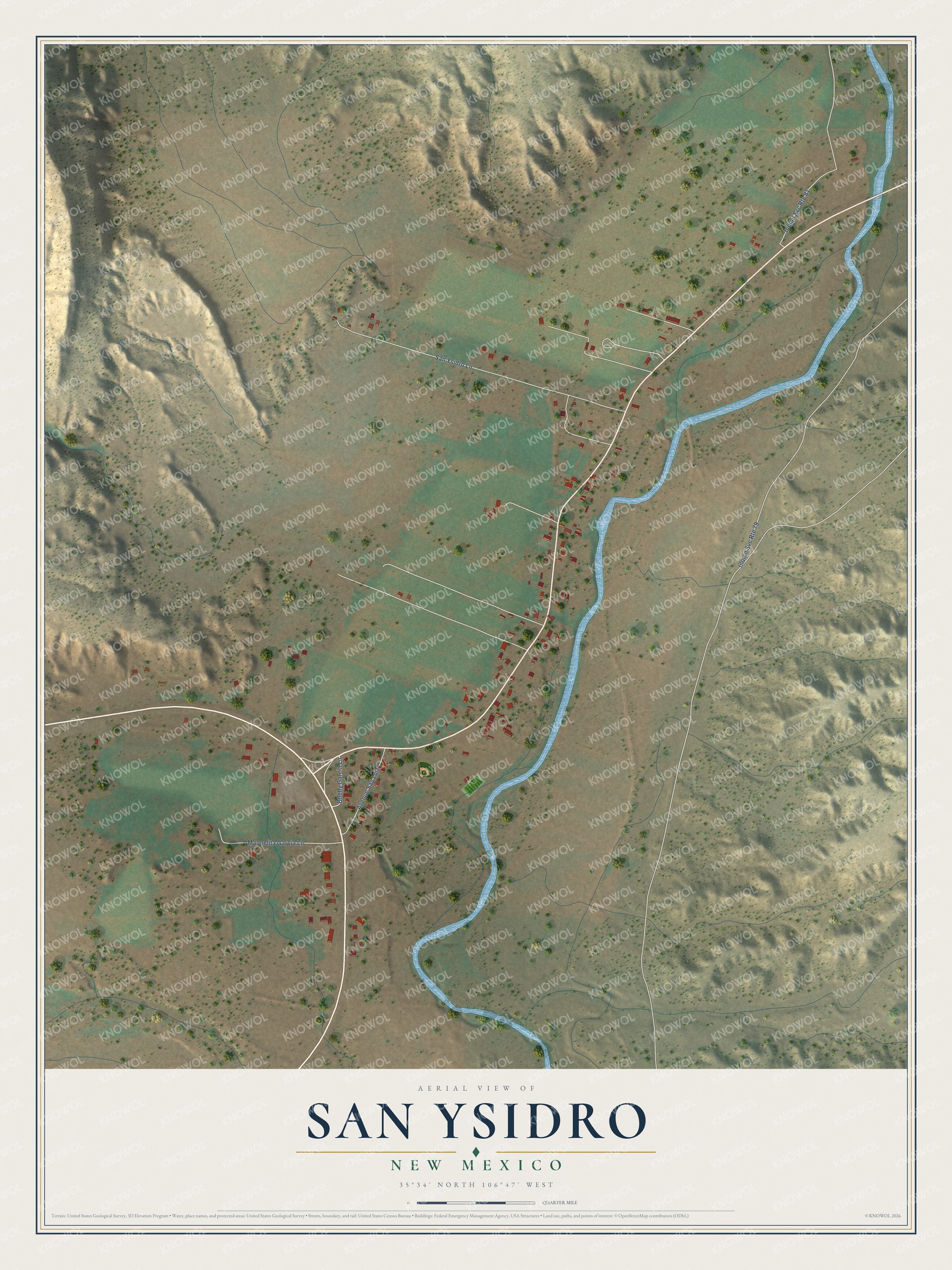 Full map of San Ysidro, New Mexico, with red buildings, printed street names and the land around them
