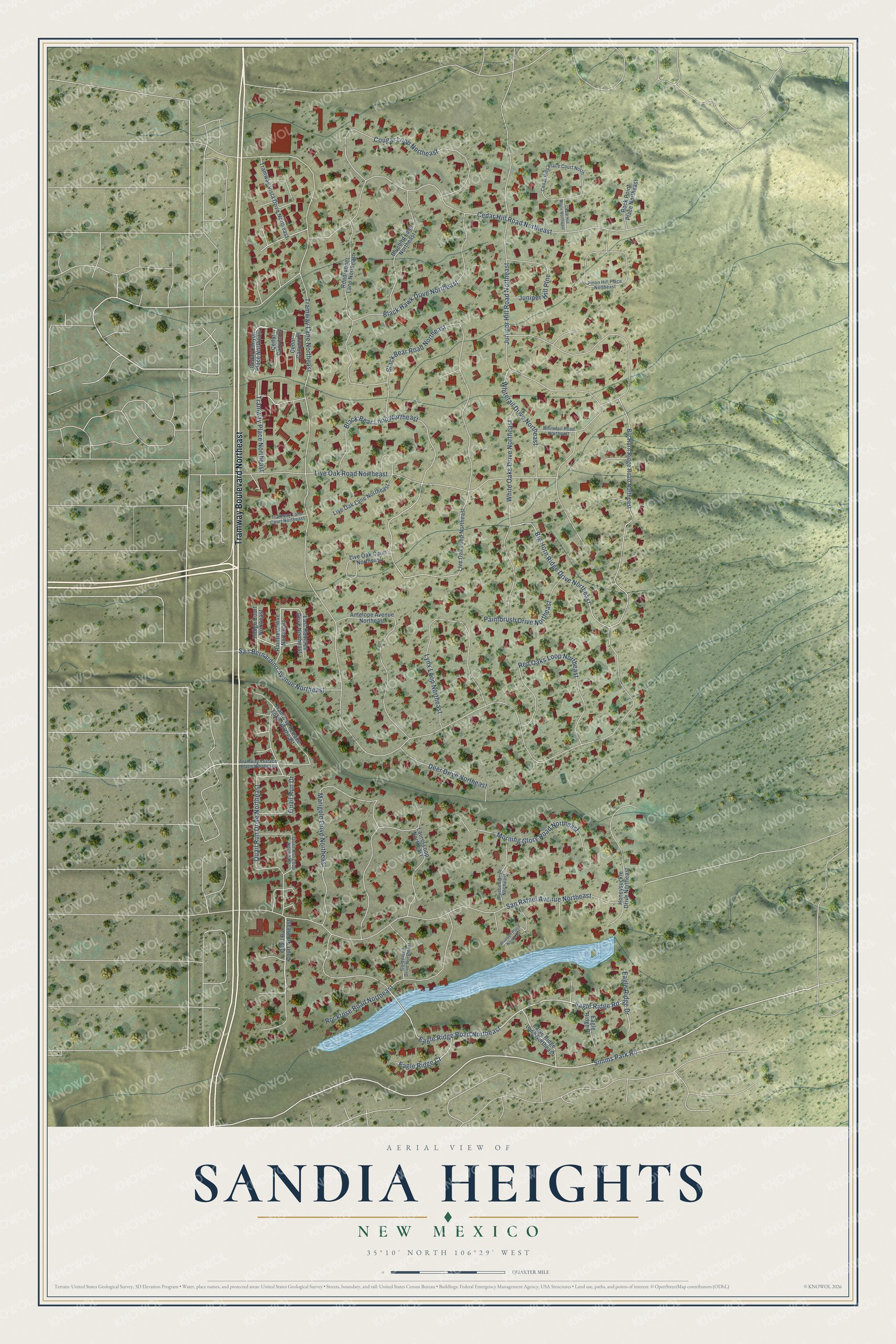 Full map of Sandia Heights, New Mexico, with red buildings, printed street names and the land around them