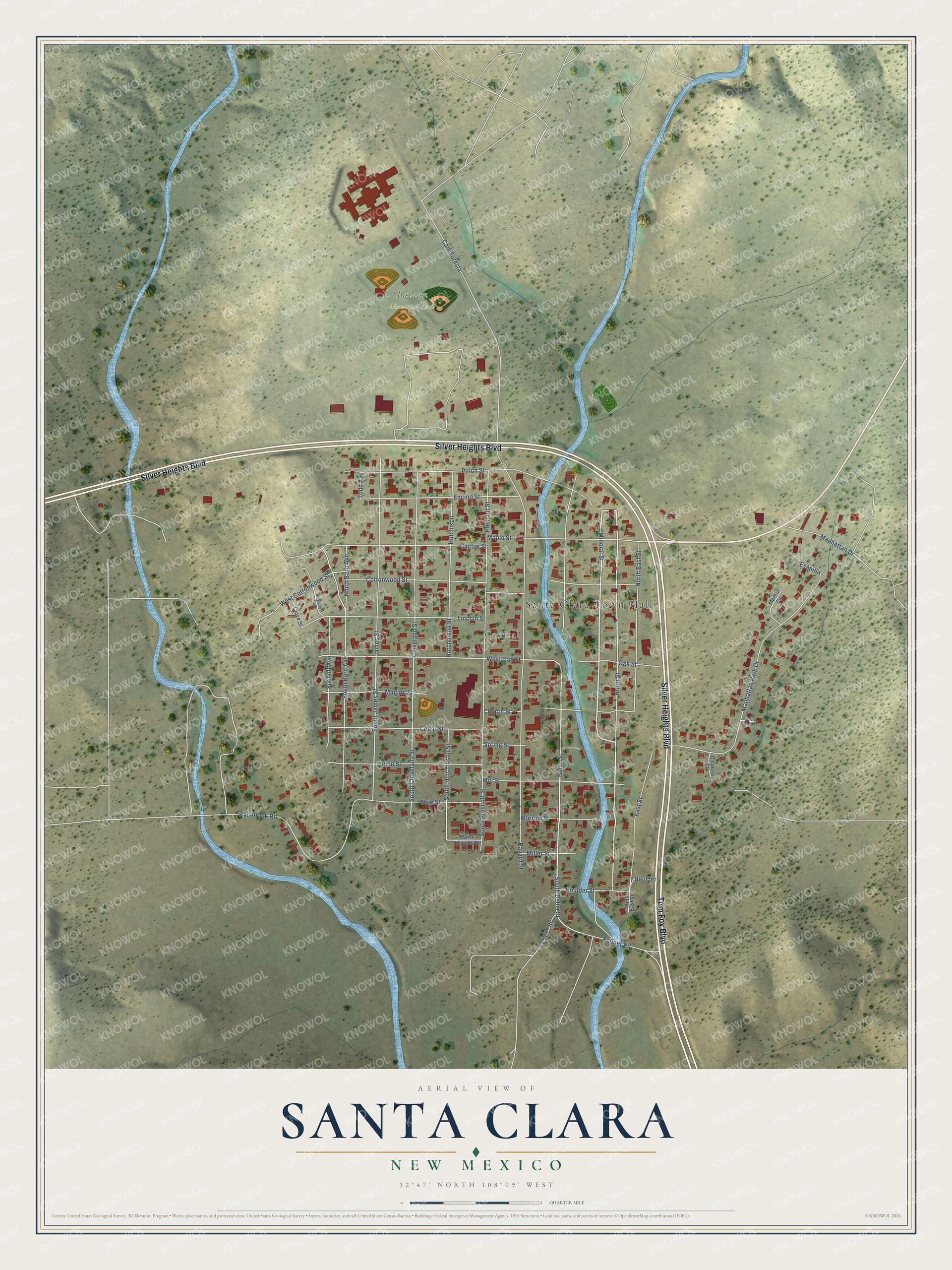 Full map of Santa Clara, New Mexico, with red buildings, printed street names and the land around them