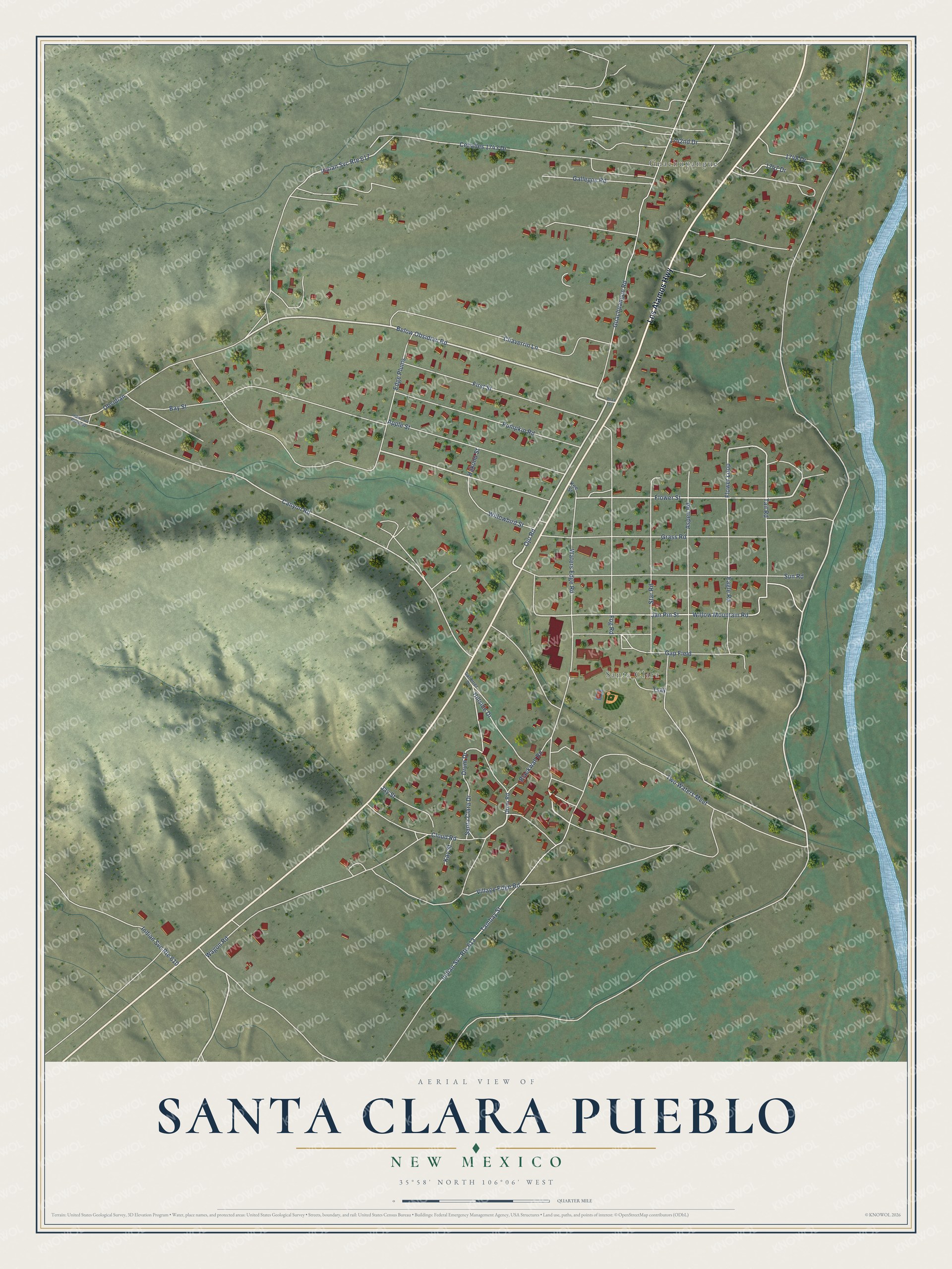 Full map of Santa Clara Pueblo, New Mexico, with red buildings, printed street names and the land around them