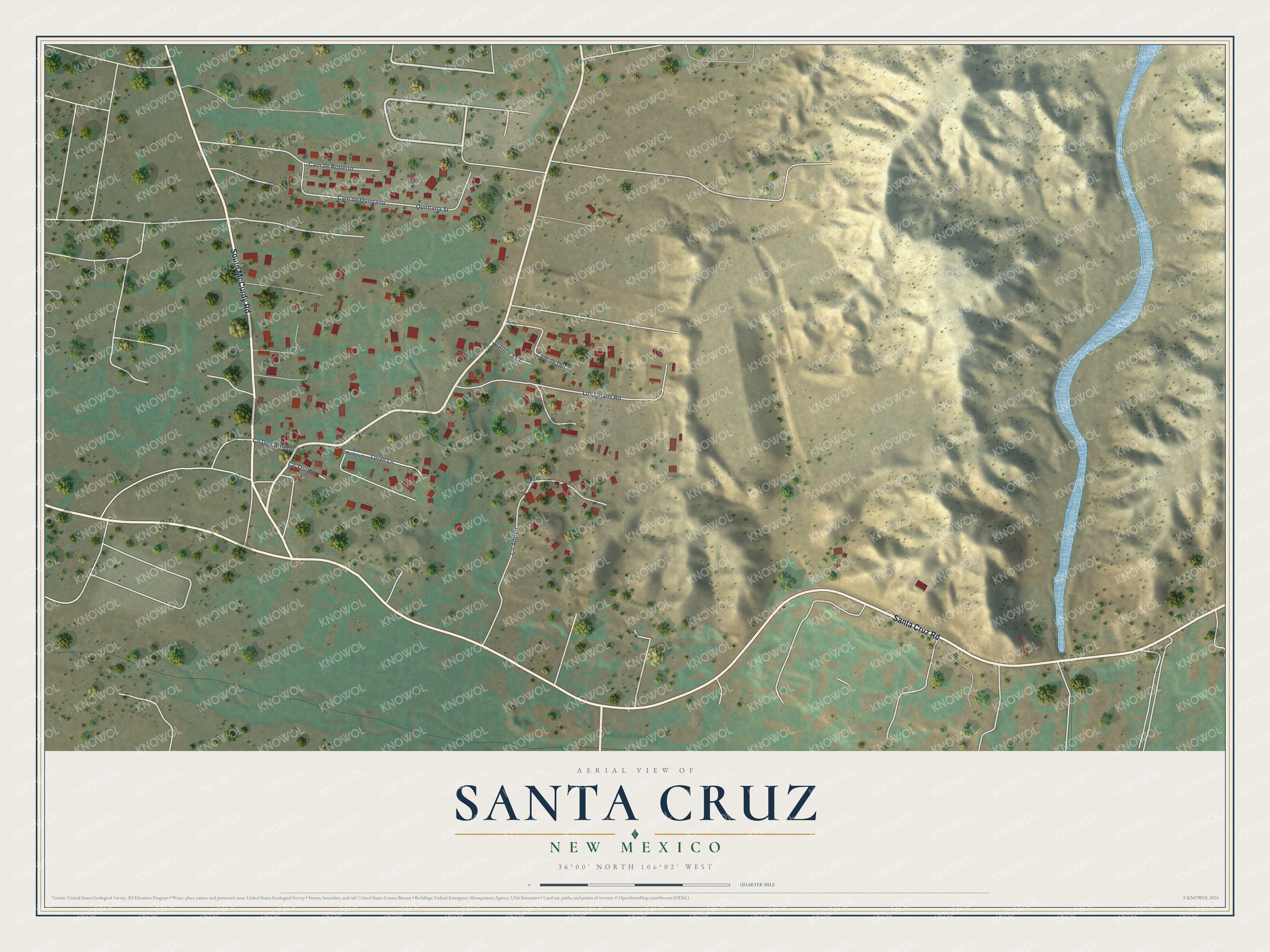 Full map of Santa Cruz, New Mexico, with red buildings, printed street names and the land around them