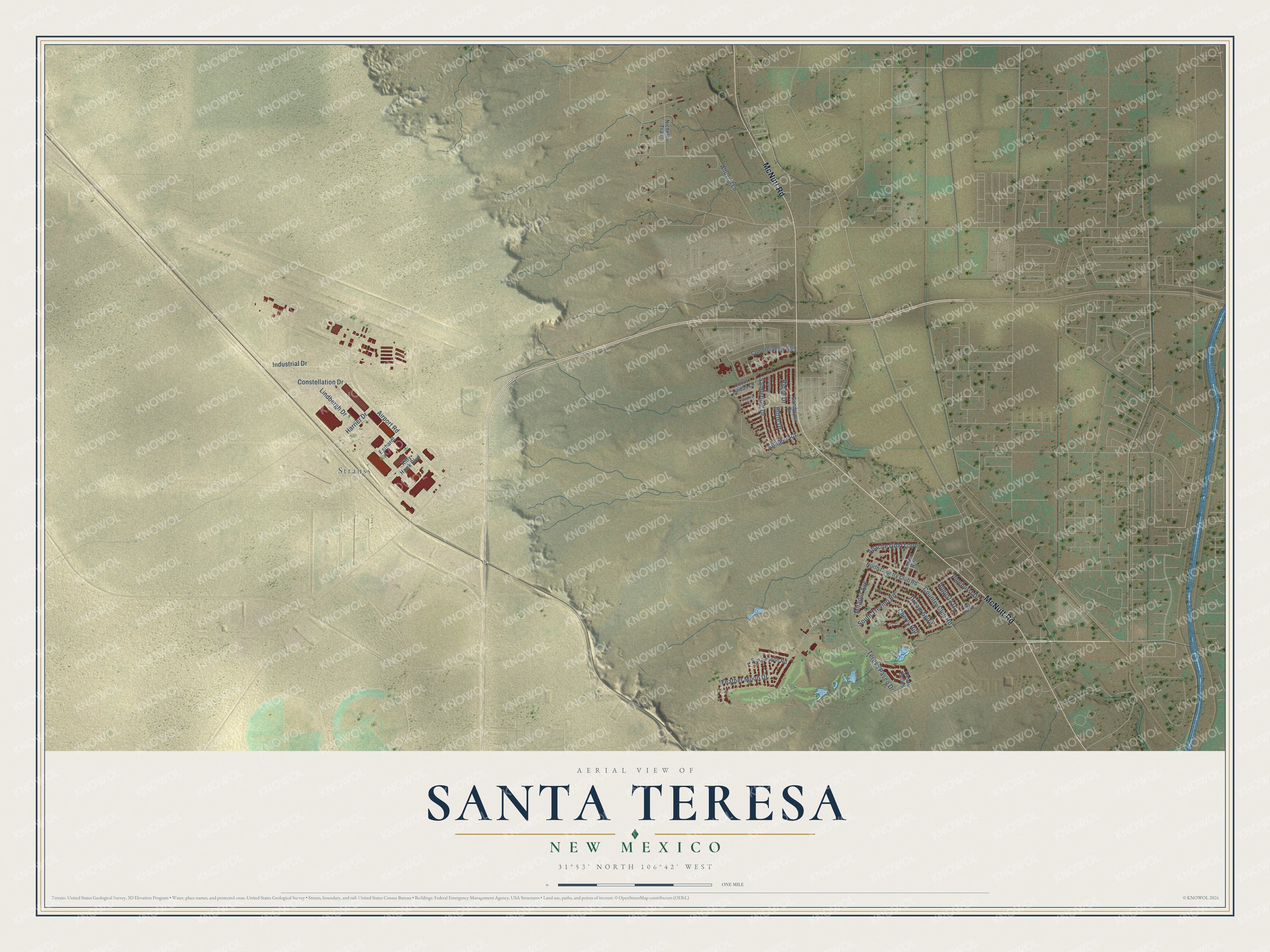 Full map of Santa Teresa, New Mexico, with red buildings, printed street names and the land around them