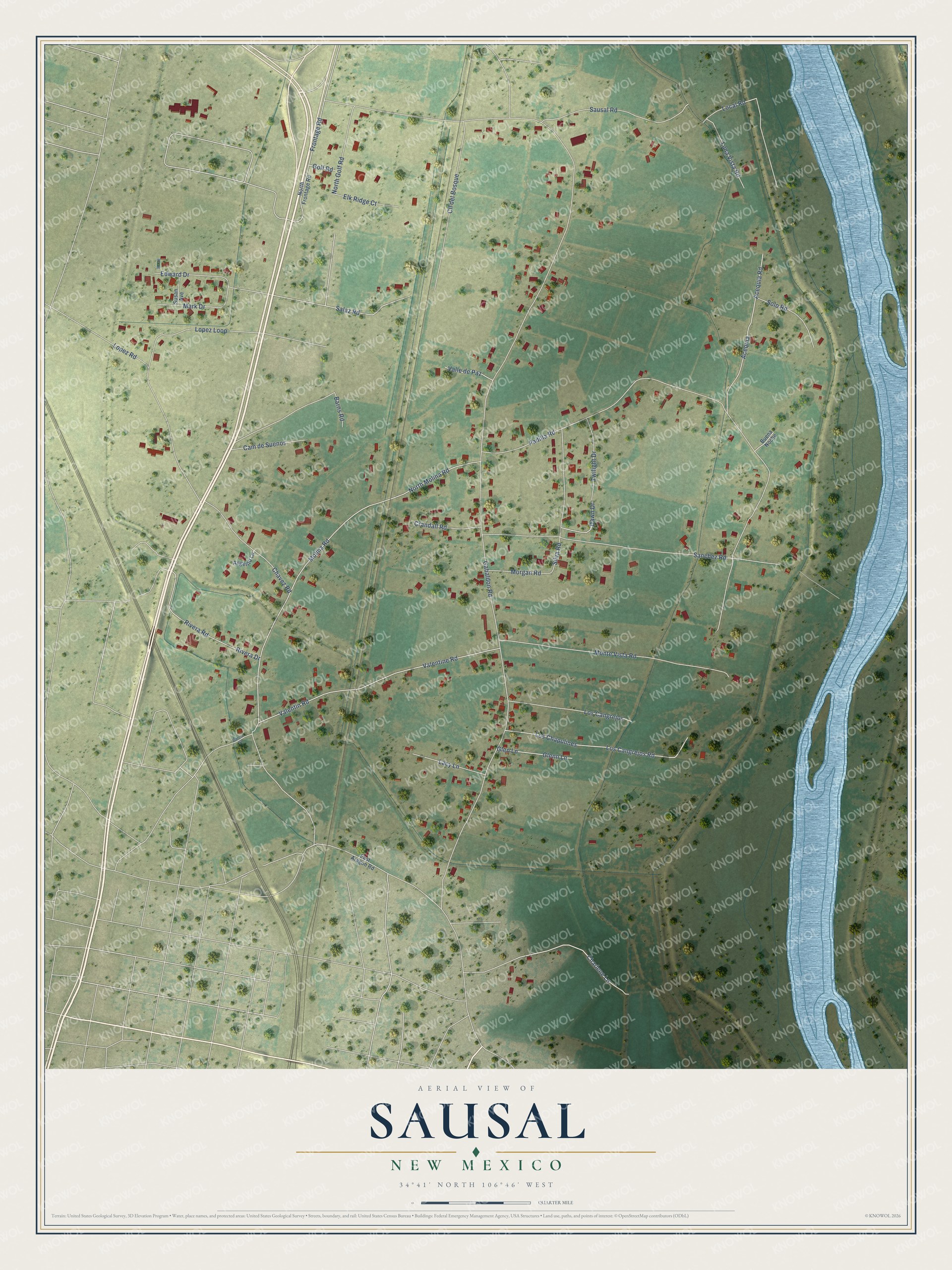 Full map of Sausal, New Mexico, with red buildings, printed street names and the land around them