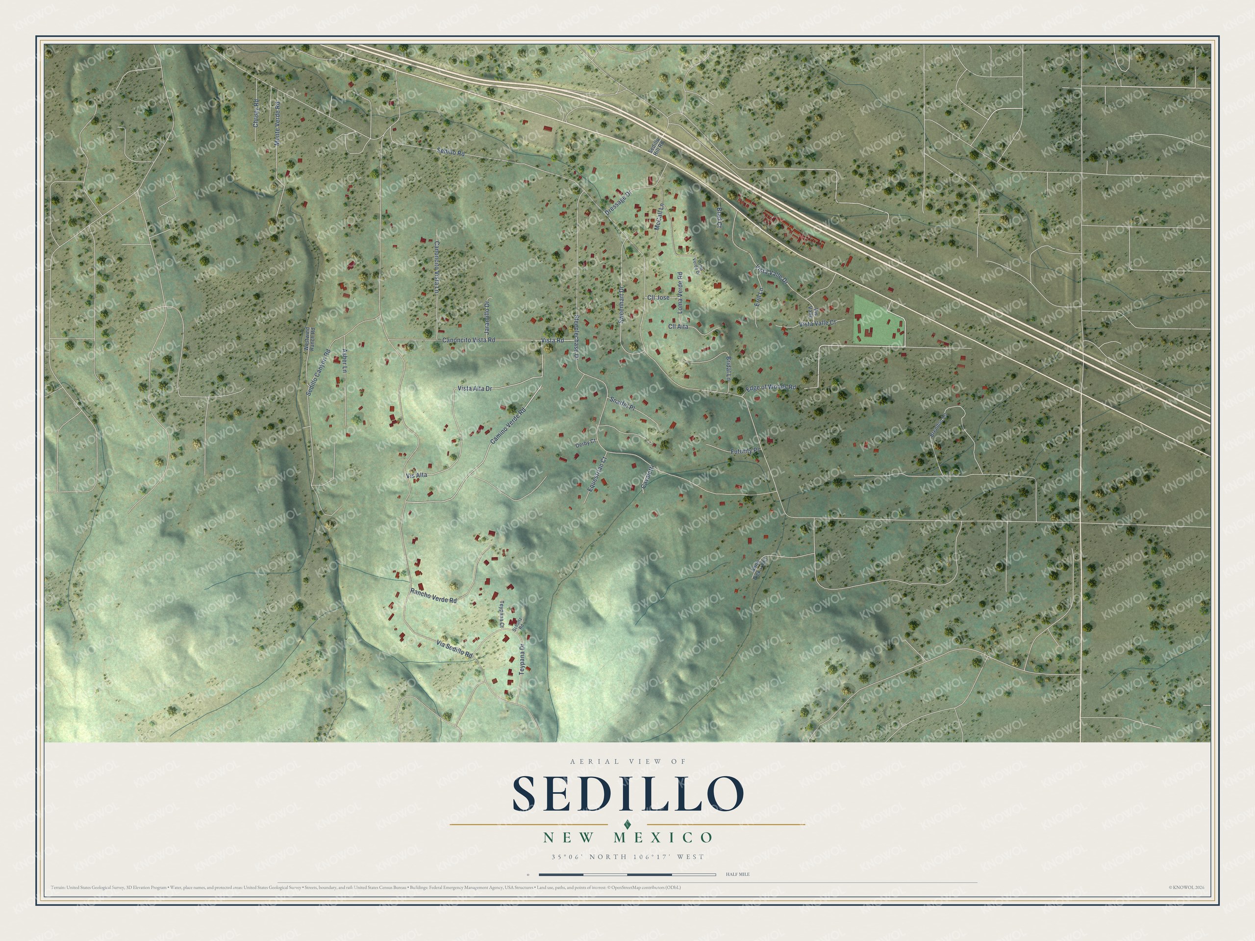 Full map of Sedillo, New Mexico, with red buildings, printed street names and the land around them