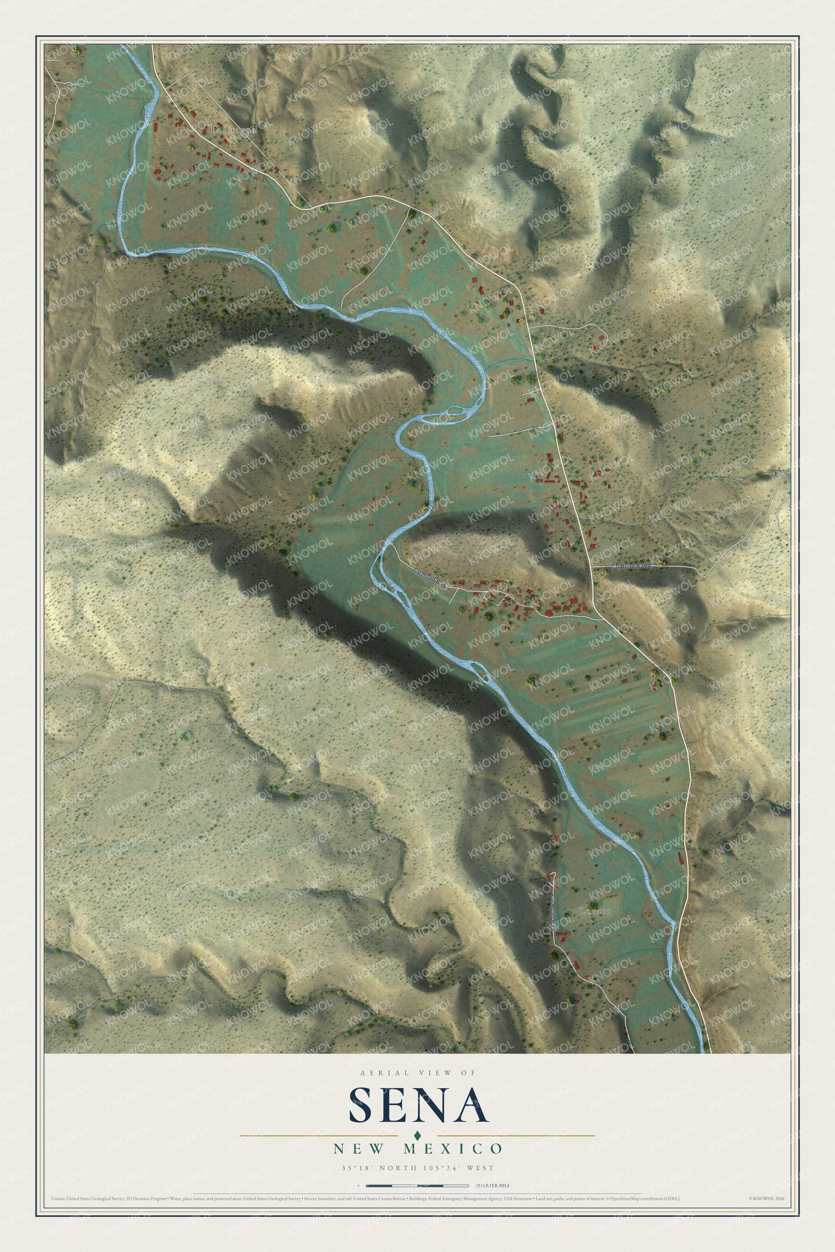 Full map of Sena, New Mexico, with red buildings, printed street names and the land around them