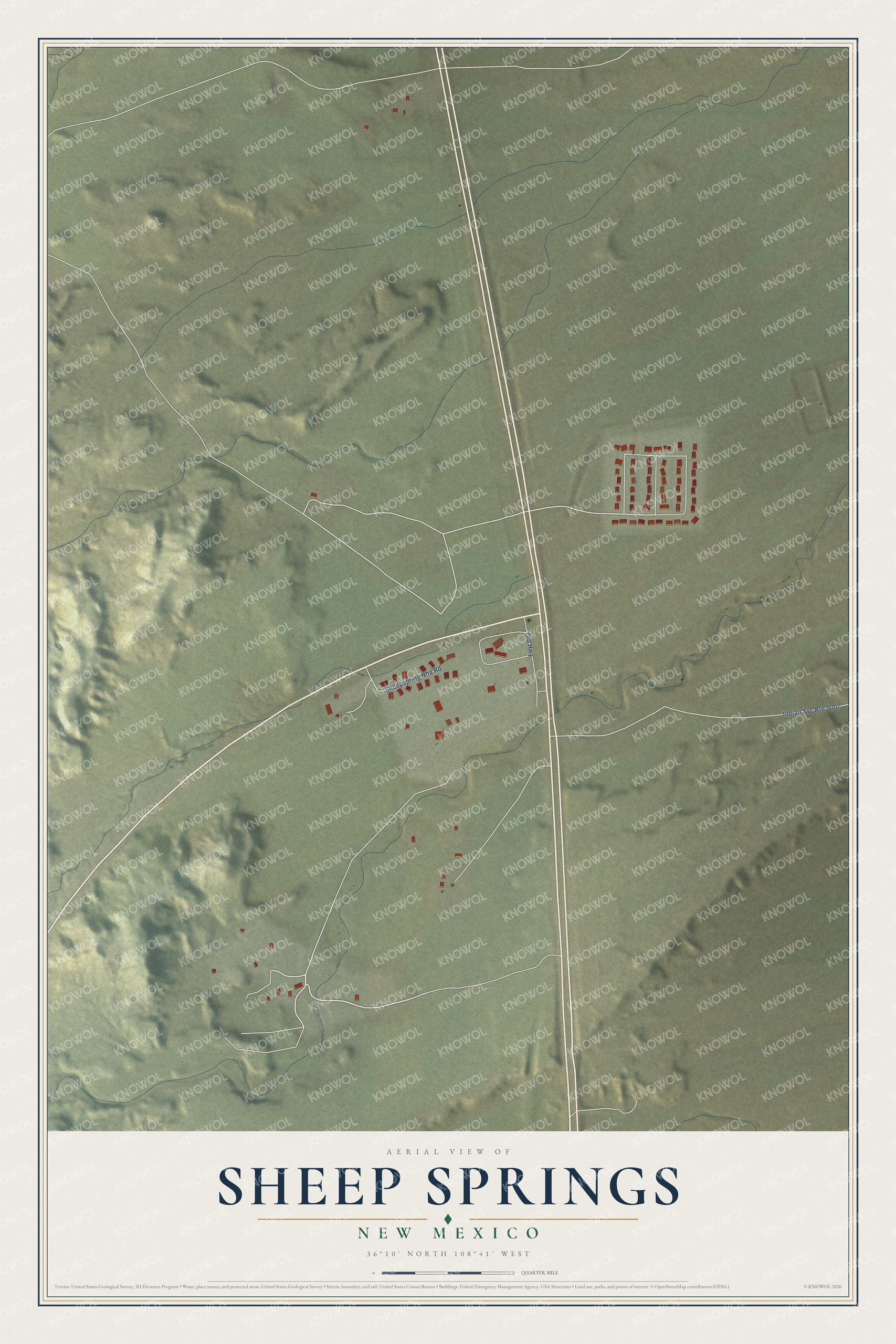 Full map of Sheep Springs, New Mexico, with red buildings, printed street names and the land around them