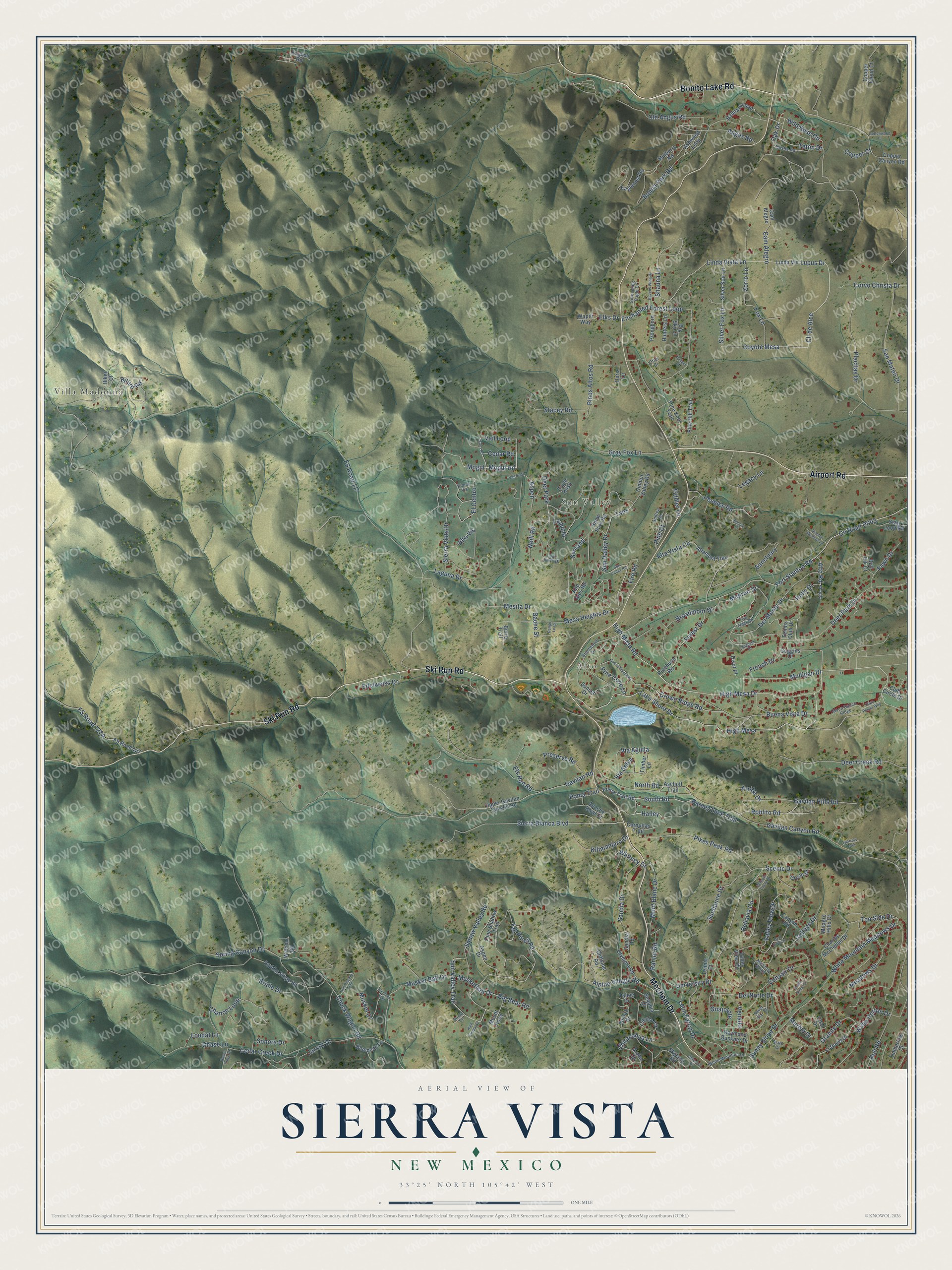 Full map of Sierra Vista, New Mexico, with red buildings, printed street names and the land around them