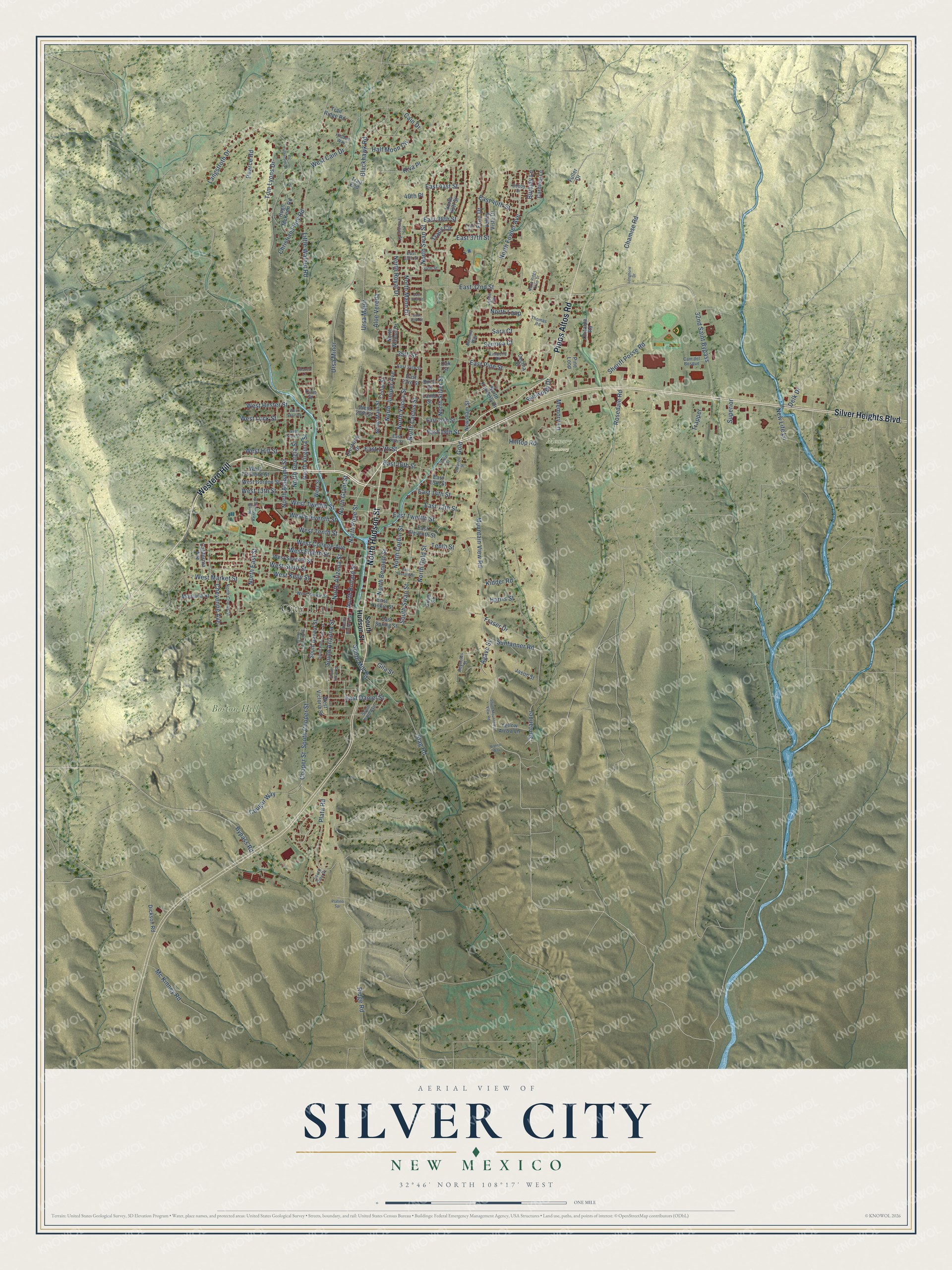 Full map of Silver City, New Mexico, with red buildings, printed street names and the land around them