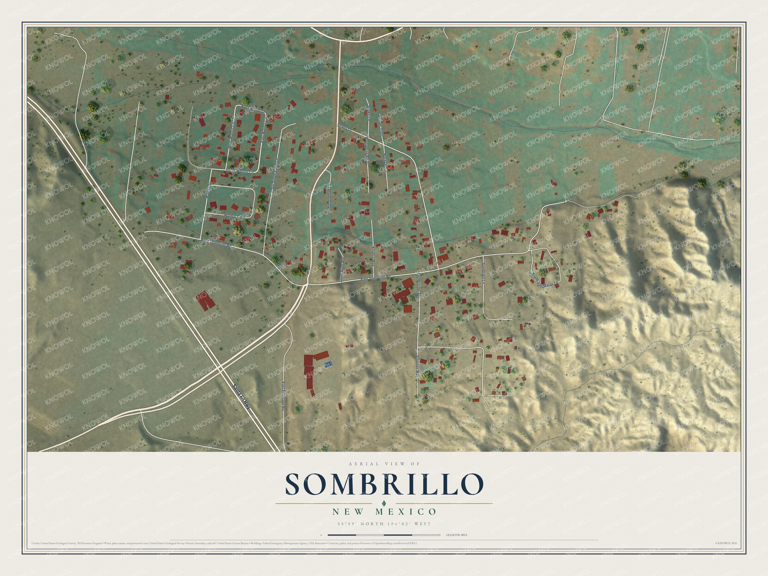Full map of Sombrillo, New Mexico, with red buildings, printed street names and the land around them