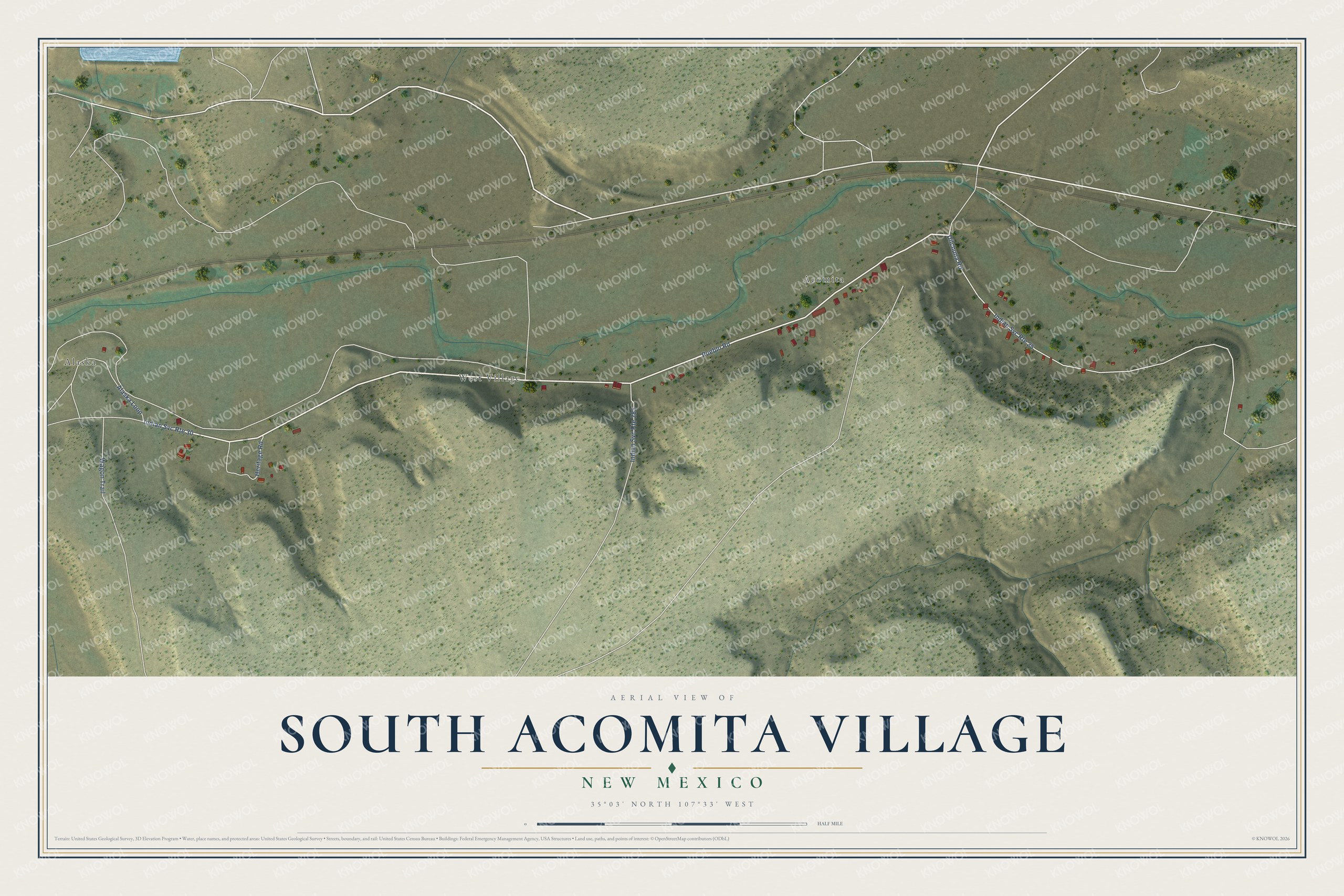 Full map of South Acomita Village, New Mexico, with red buildings, printed street names and the land around them