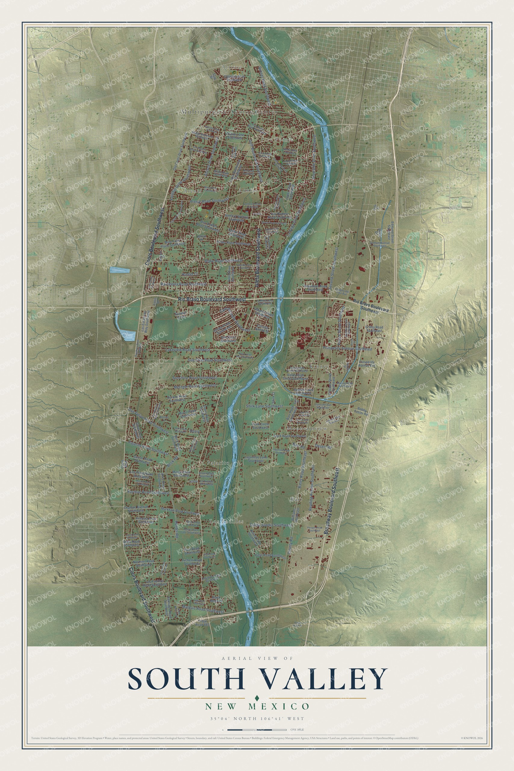 Full map of South Valley, New Mexico, with red buildings, printed street names and the land around them