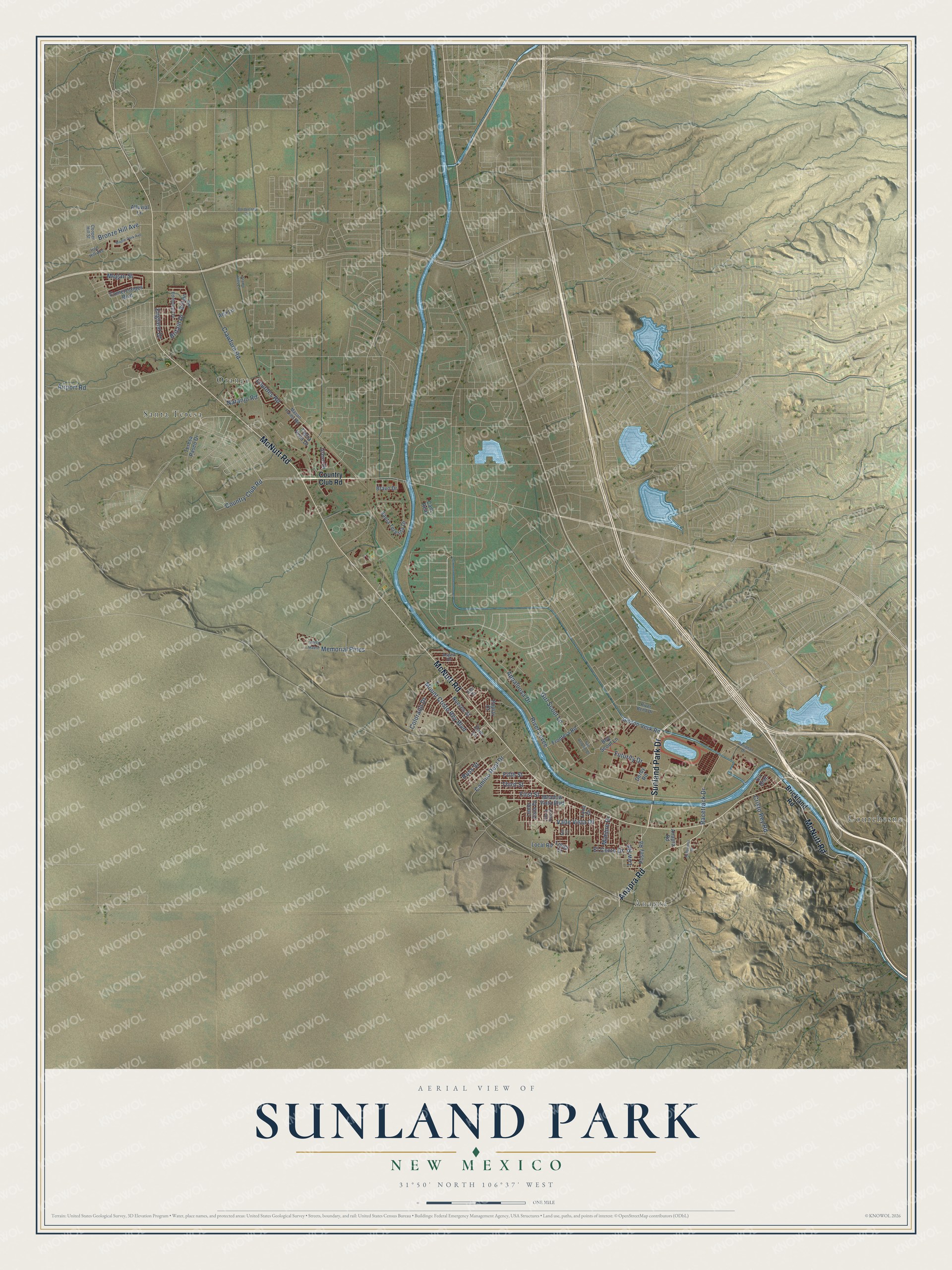 Full map of Sunland Park, New Mexico, with red buildings, printed street names and the land around them