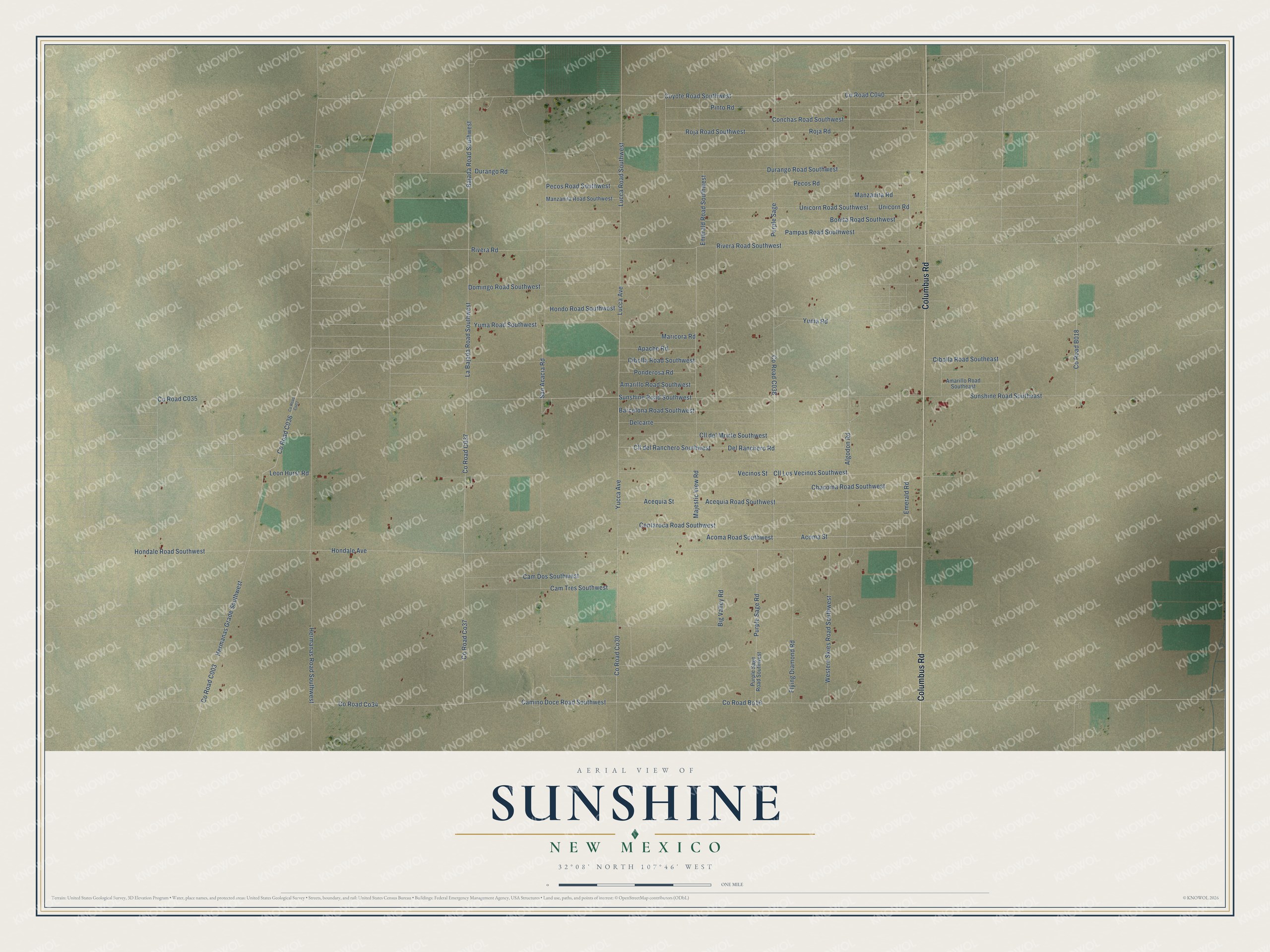 Full map of Sunshine, New Mexico, with red buildings, printed street names and the land around them
