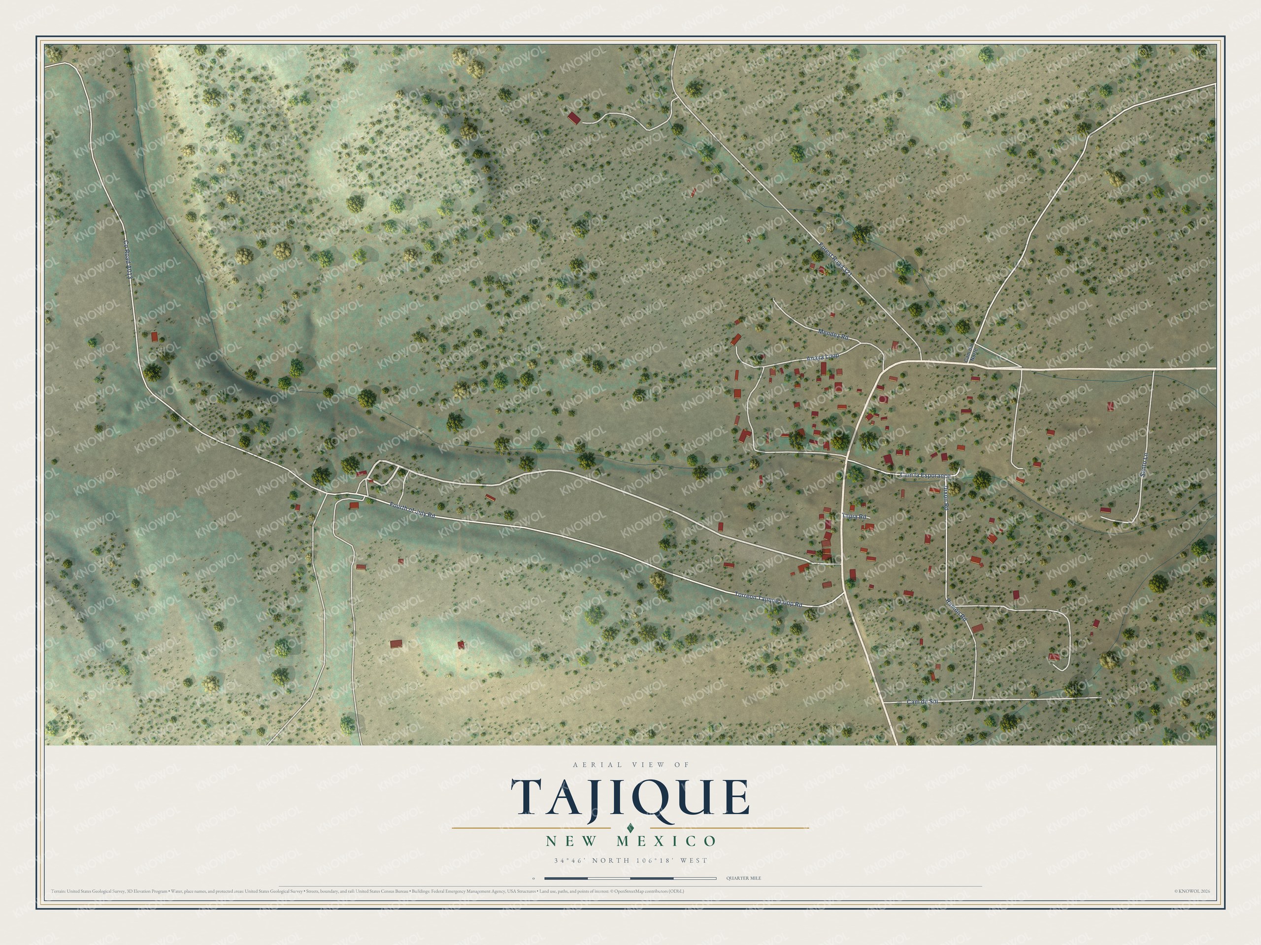 Full map of Tajique, New Mexico, with red buildings, printed street names and the land around them