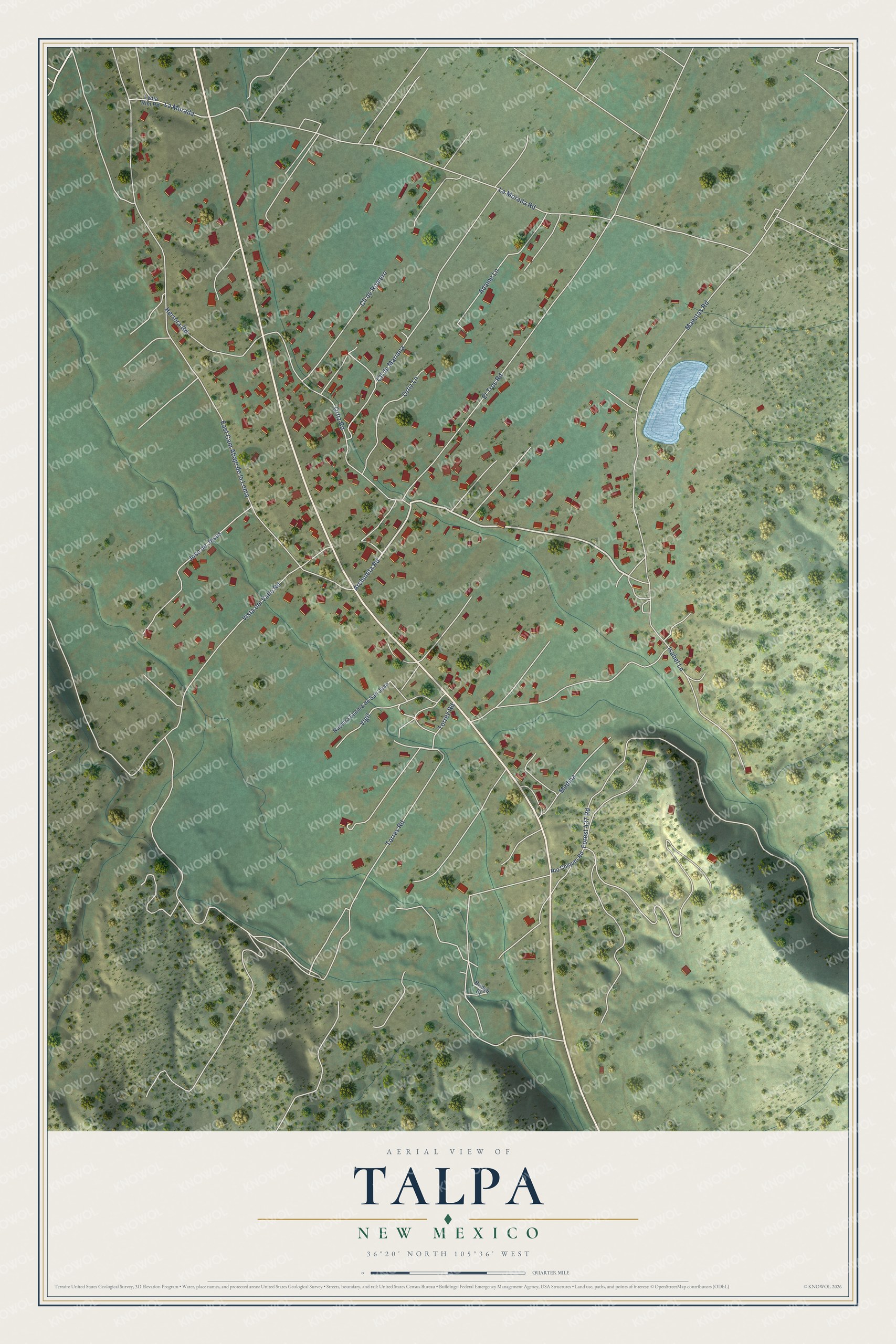 Full map of Talpa, New Mexico, with red buildings, printed street names and the land around them