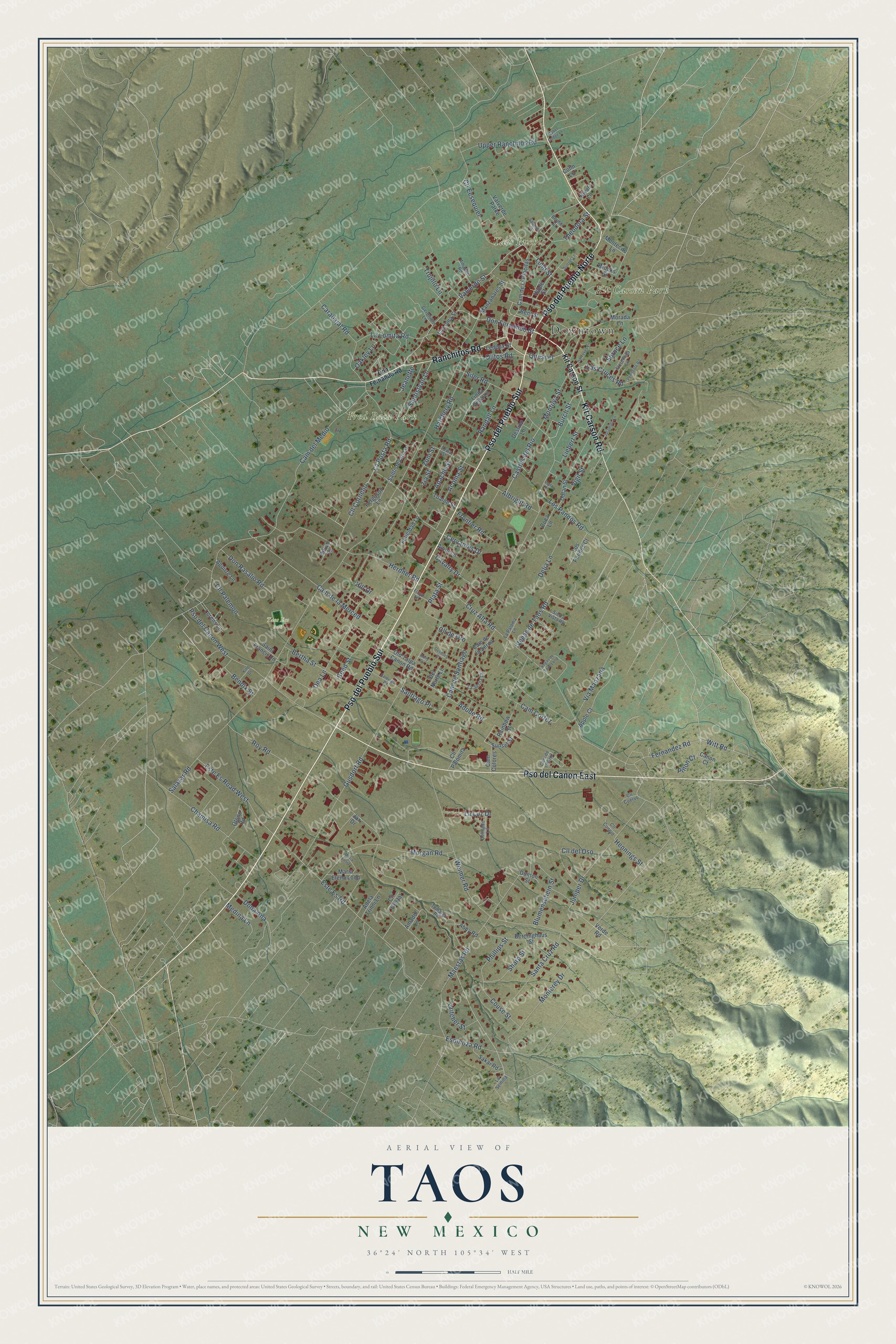 Full map of Taos, New Mexico, with red buildings, printed street names and the land around them