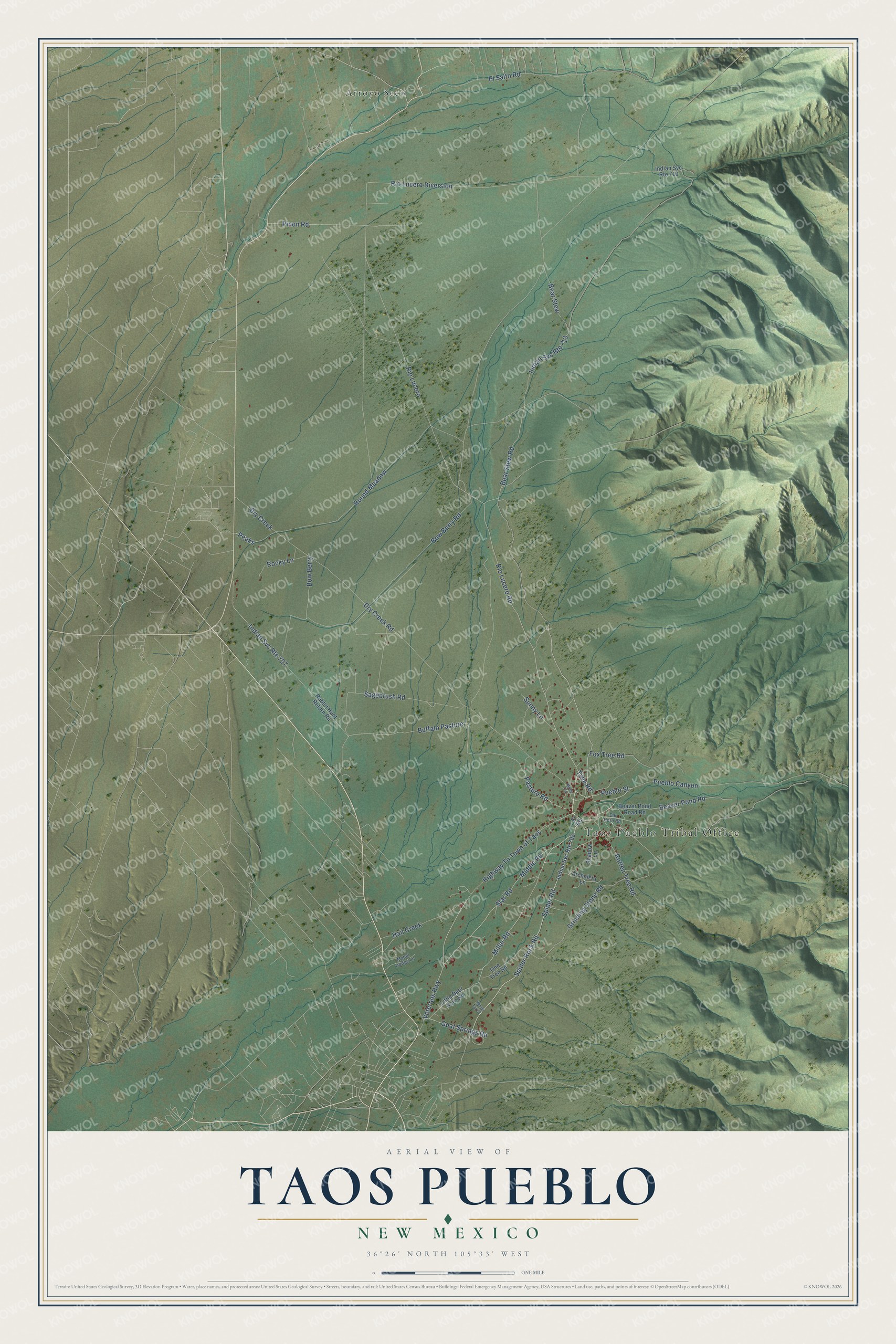 Full map of Taos Pueblo, New Mexico, with red buildings, printed street names and the land around them