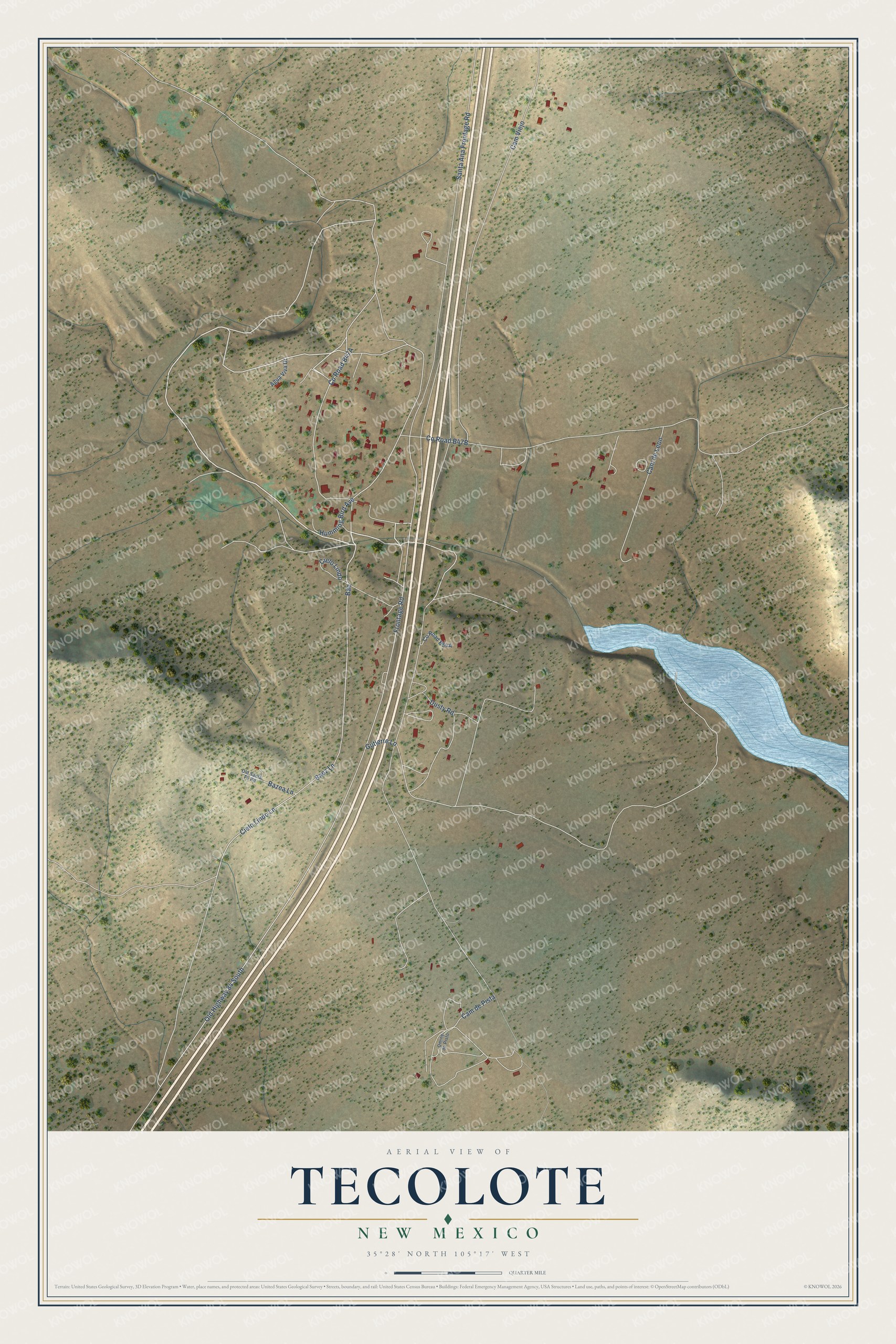 Full map of Tecolote, New Mexico, with red buildings, printed street names and the land around them