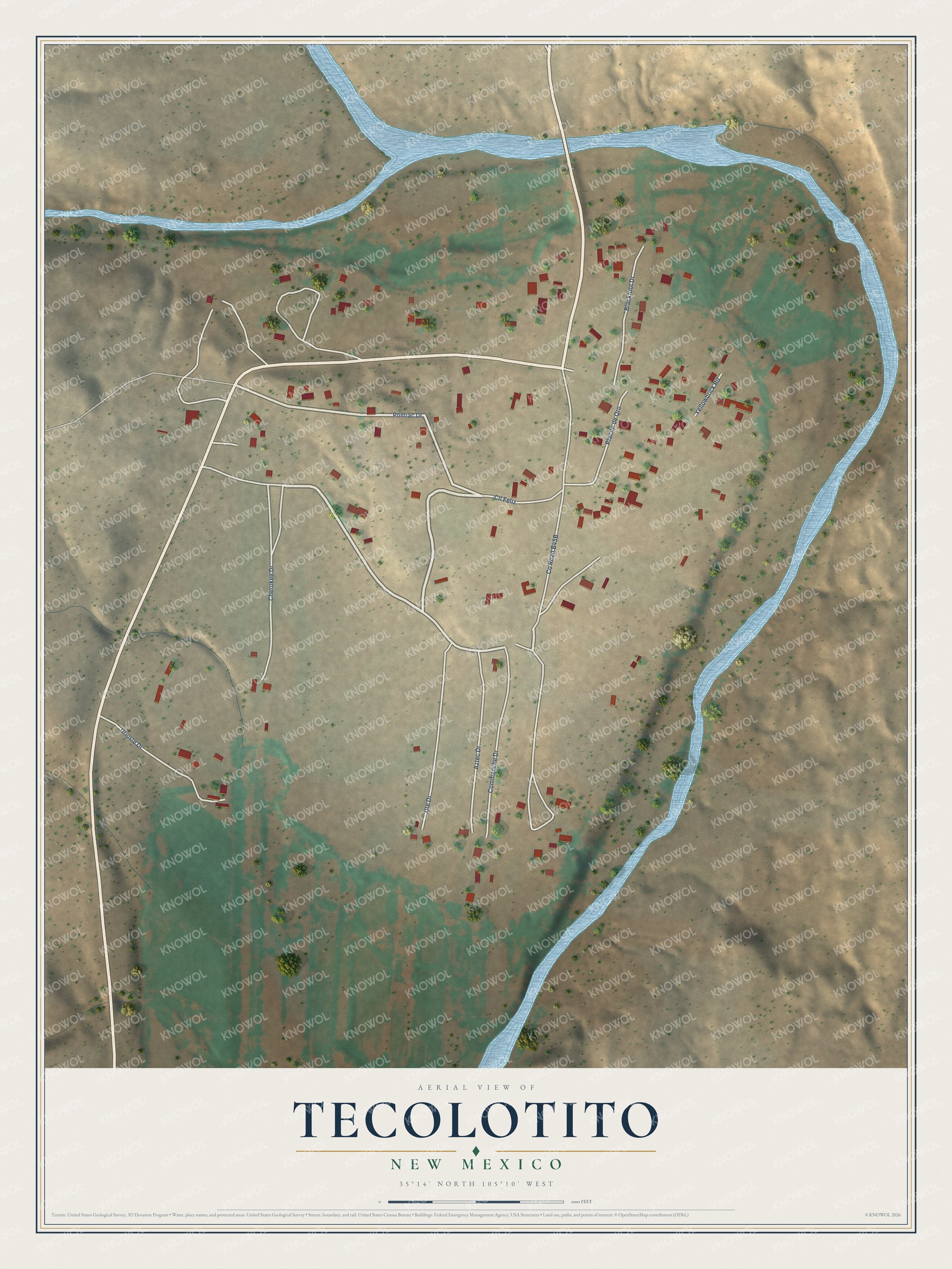 Full map of Tecolotito, New Mexico, with red buildings, printed street names and the land around them