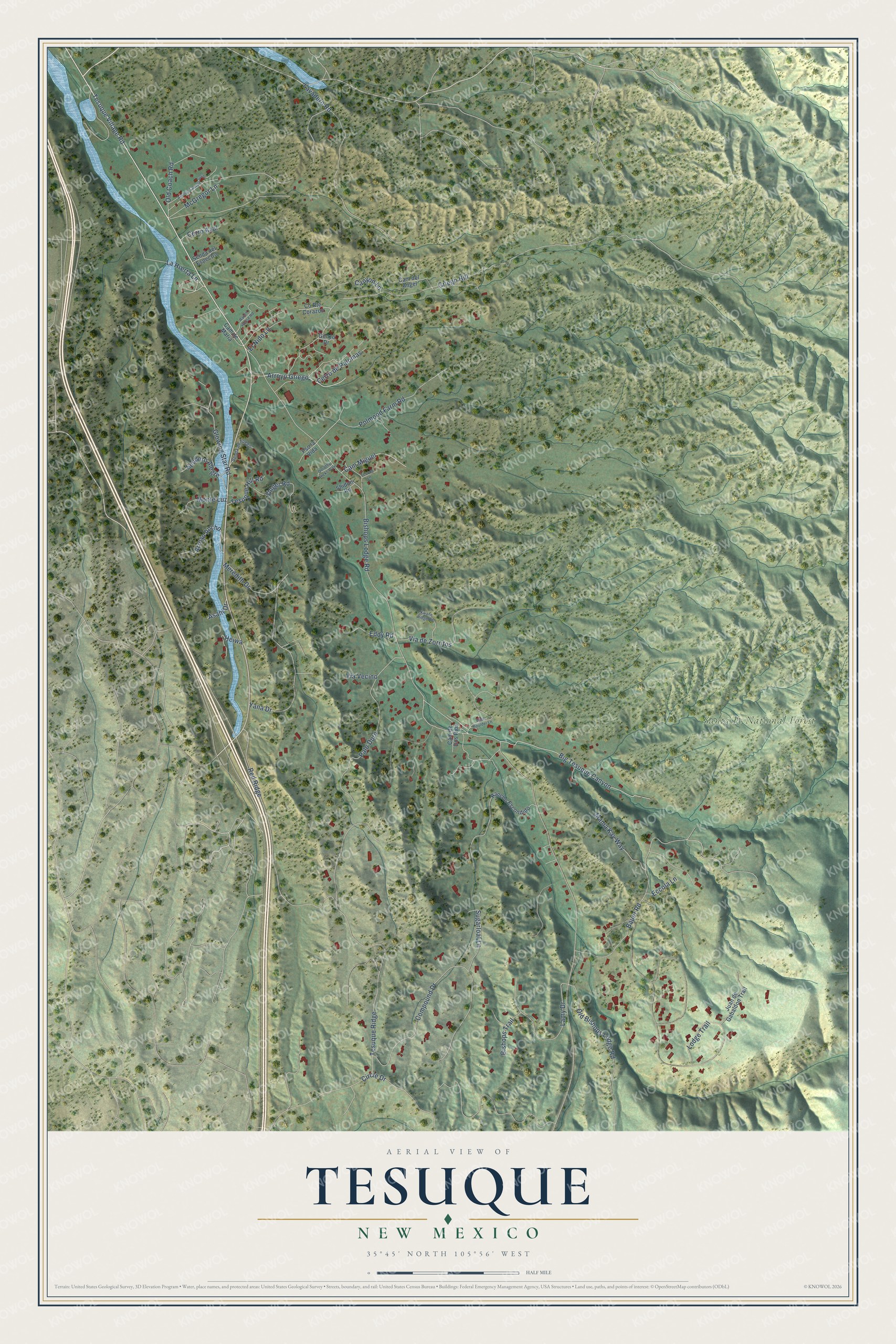 Full map of Tesuque, New Mexico, with red buildings, printed street names and the land around them